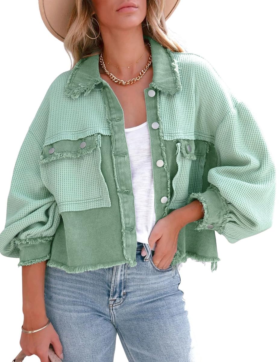 Women's Cropped Waffle Knit Jacket - Boyfriend Style Button Down Shacket Top for Casual Outfits & Layering | Perfect for Fall, Spring & Cozy Date Nights