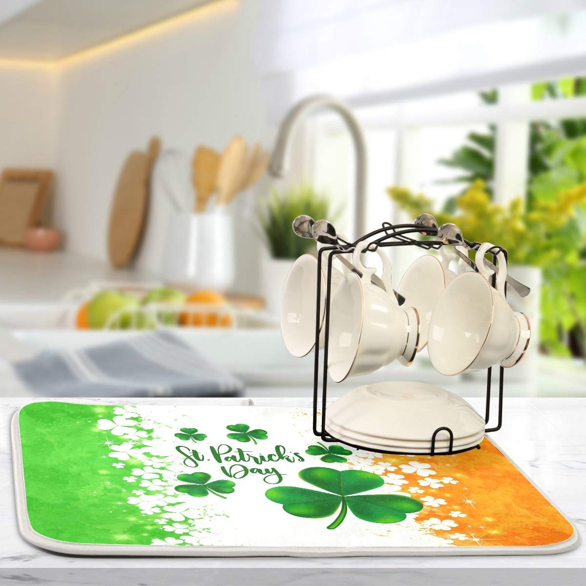St. Patrick's Day Ireland Shamrock Dish Drying Mat 18x24 Inch - Green & Orange Clover Leaves Design, Absorbent Fast Dry Kitchen Accessories - Perfect for St. Patrick's Day Decor, Irish Themed Kitchens, and Holiday Dish Drying