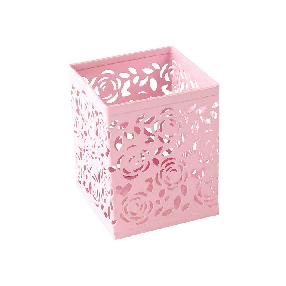 Saim Hollow Rose Flower Pattern Square Pen Pencil Ruler Holder Cup - Pink Desktop Stationery Organizer for Office, School & Home Workspace Decoration