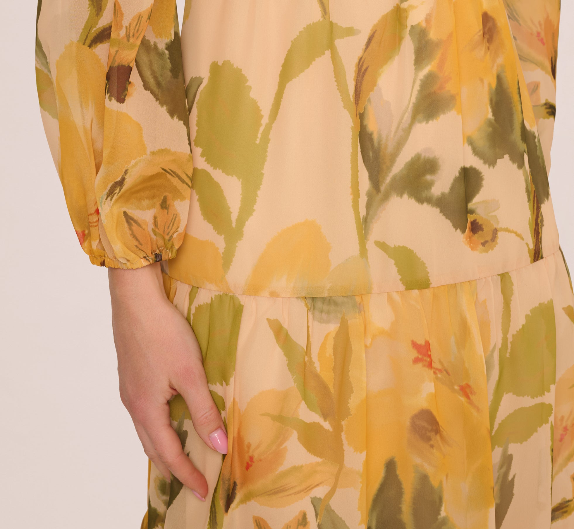 Elegant Long Sleeve Floral Organza Midi Dress in Ecru Yellow - Perfect for Weddings, Parties & Special Occasions