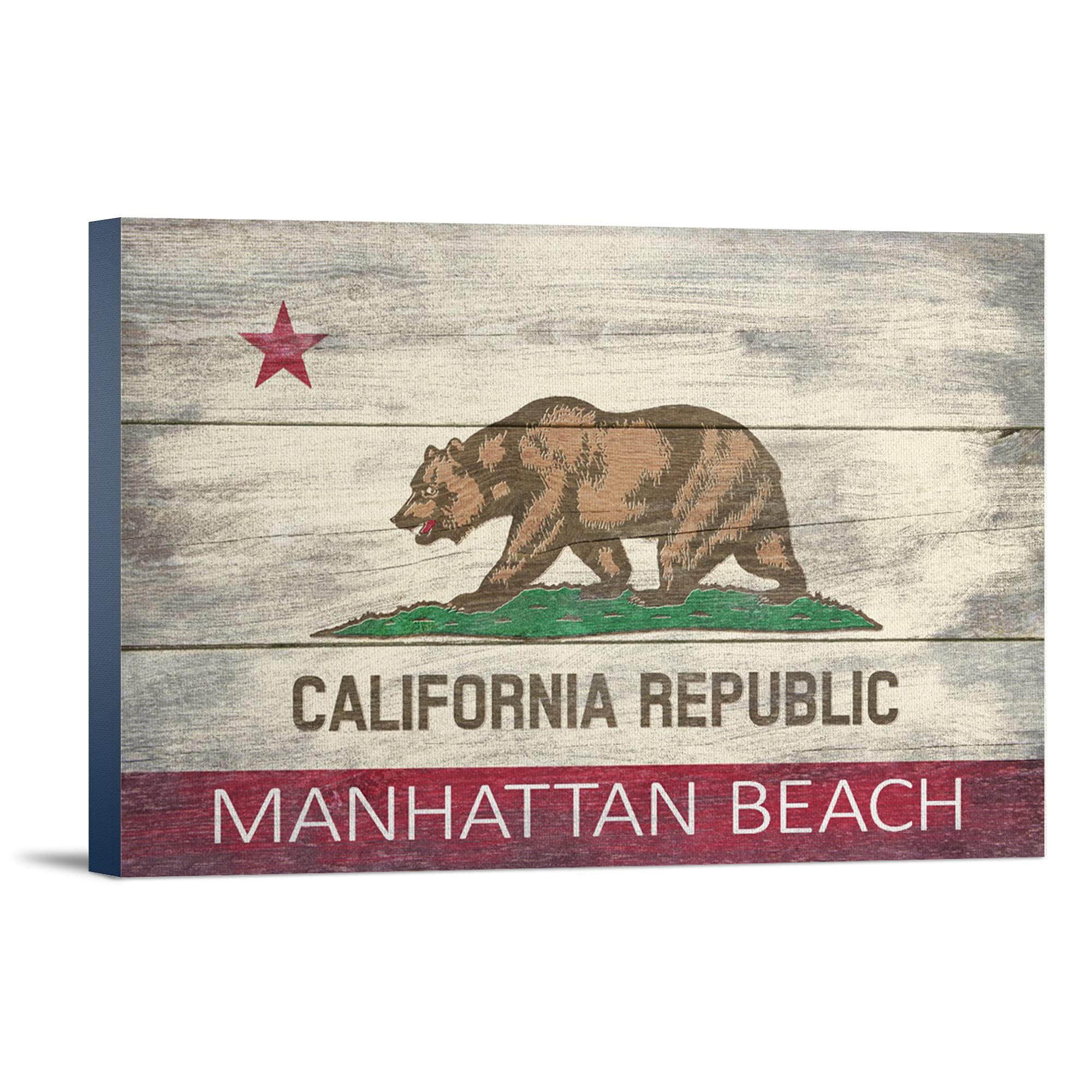 Lantern Press Manhattan Beach California Rustic State Flag Art - 16x24 Wrapped Canvas Wall Decor for Home, Office & Coastal Living Spaces