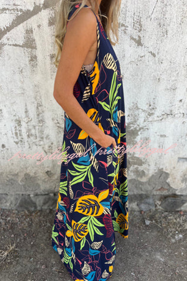 Floral Print V-Neck Pocket Loose Fit Casual Maxi Dress for Women | Summer Beach Vacation, Boho Chic Outfit, Outdoor Party Wear