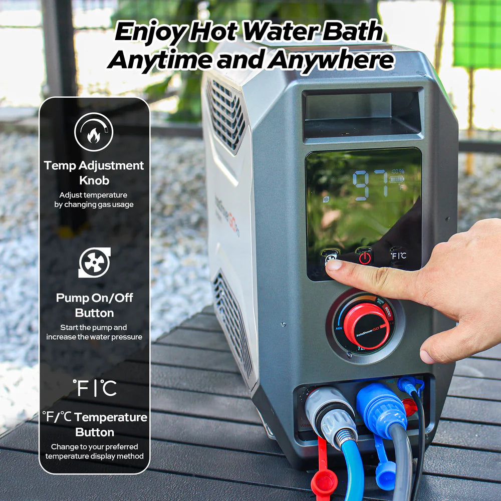 Fogatti InstaShower Go Pro Portable Water Heater with Water Pump - 22,000 BTU Propane Camping Shower for Outdoor Adventures, RV Trips & Emergency Use