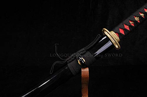 Handmade Damascus Steel Japanese Samurai Katana Sword - Real Functional Full Tang Blade with Red Scabbard - Perfect for Martial Arts Training, Cosplay, and Collectors Display