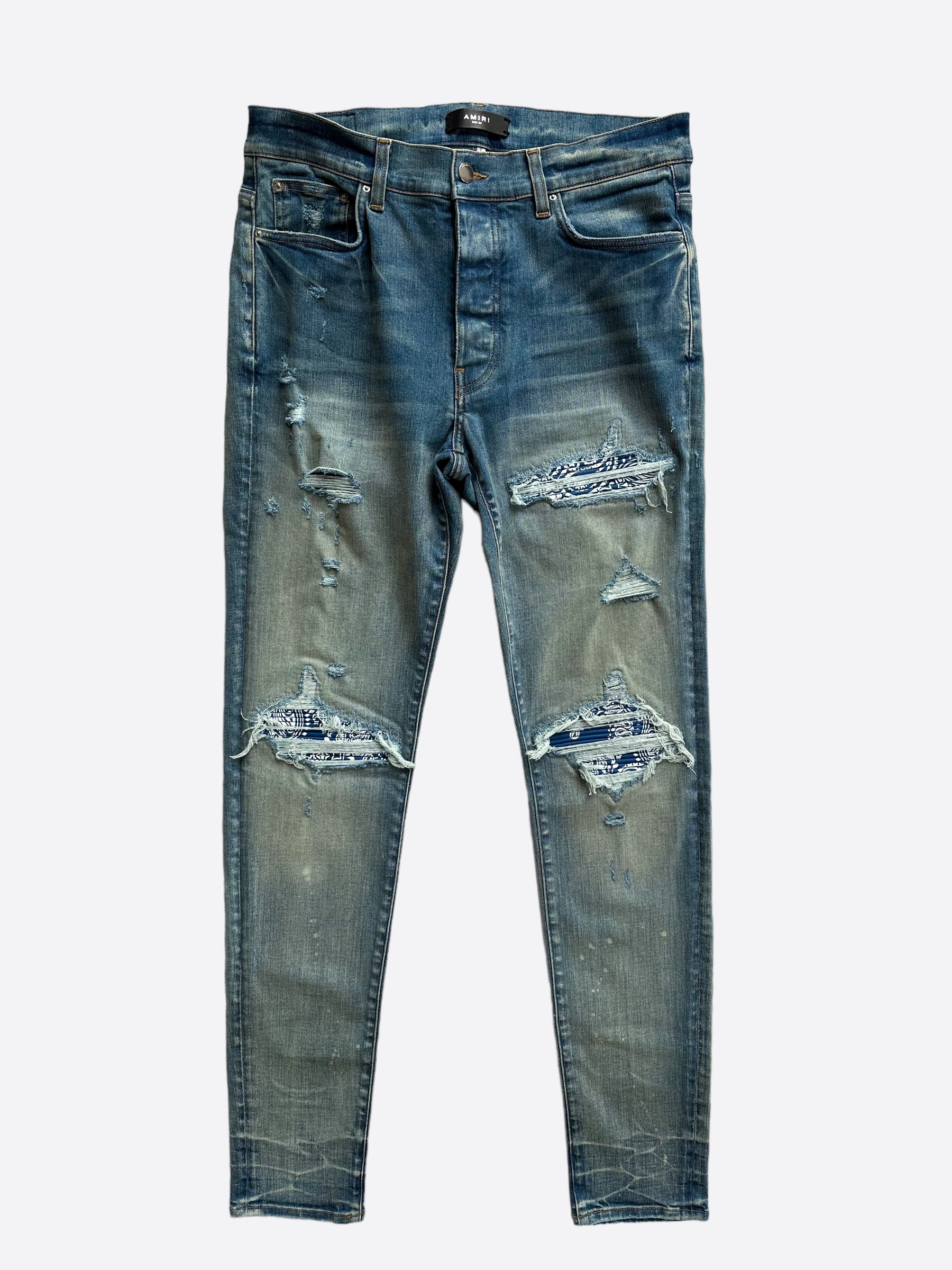 Amiri Blue Bandana Patch MX1 Distressed Denim Jeans for Men - Vintage Style Ripped Skinny Jeans | Perfect for Streetwear, Casual Outfits & Night Out Looks