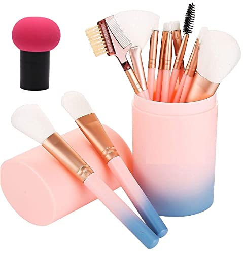 URBANMAC 12-Piece Makeup Brush Set with Mushroom Sponge Puff - Light Pink Cosmetic Brushes for Foundation, Blending & Contouring | Travel-Friendly Makeup Kit with Storage Box