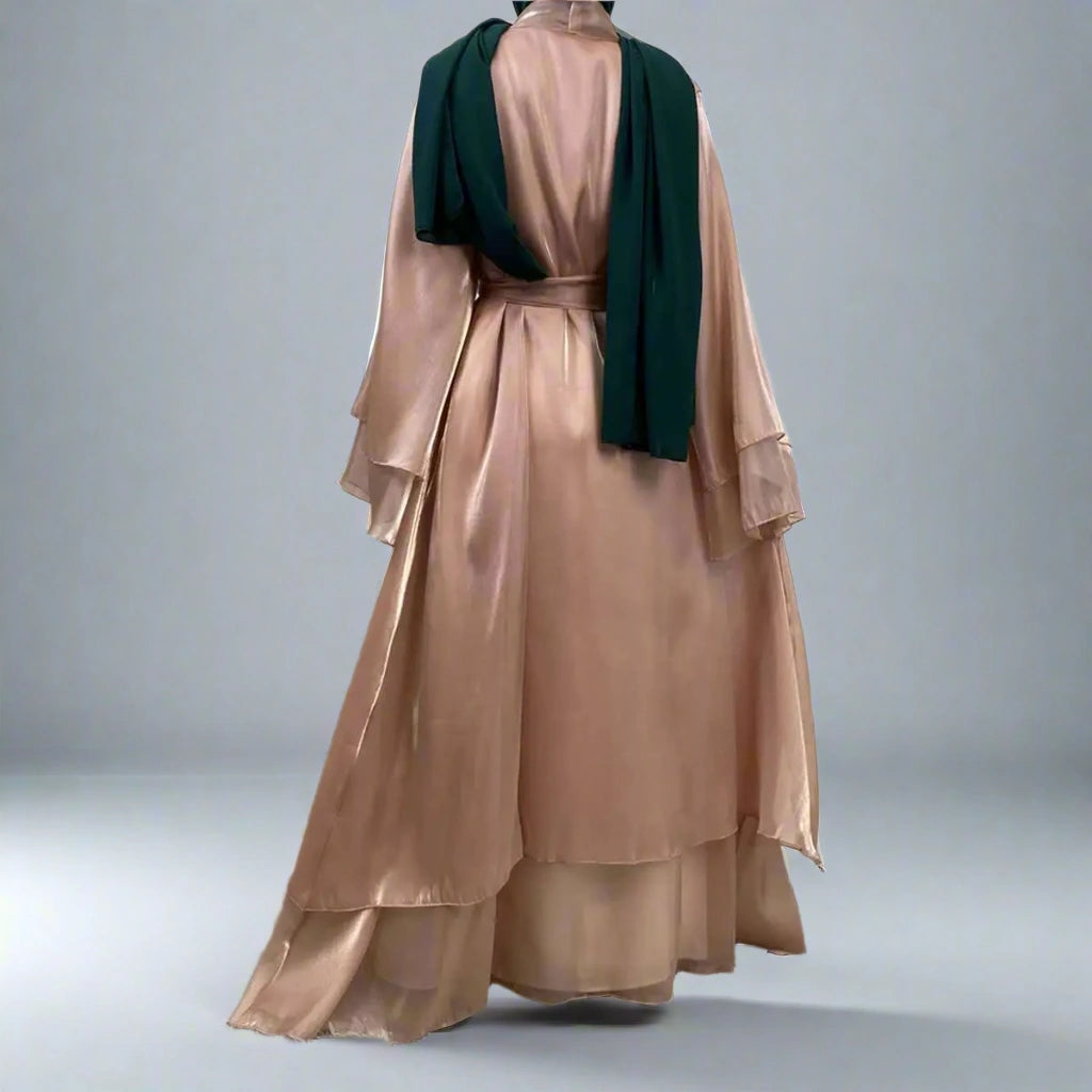 Elegant Double Layer Satin Open Abaya Dress for Women - Modest Muslim Prayer Dress for Mosque, Eid & Special Occasions