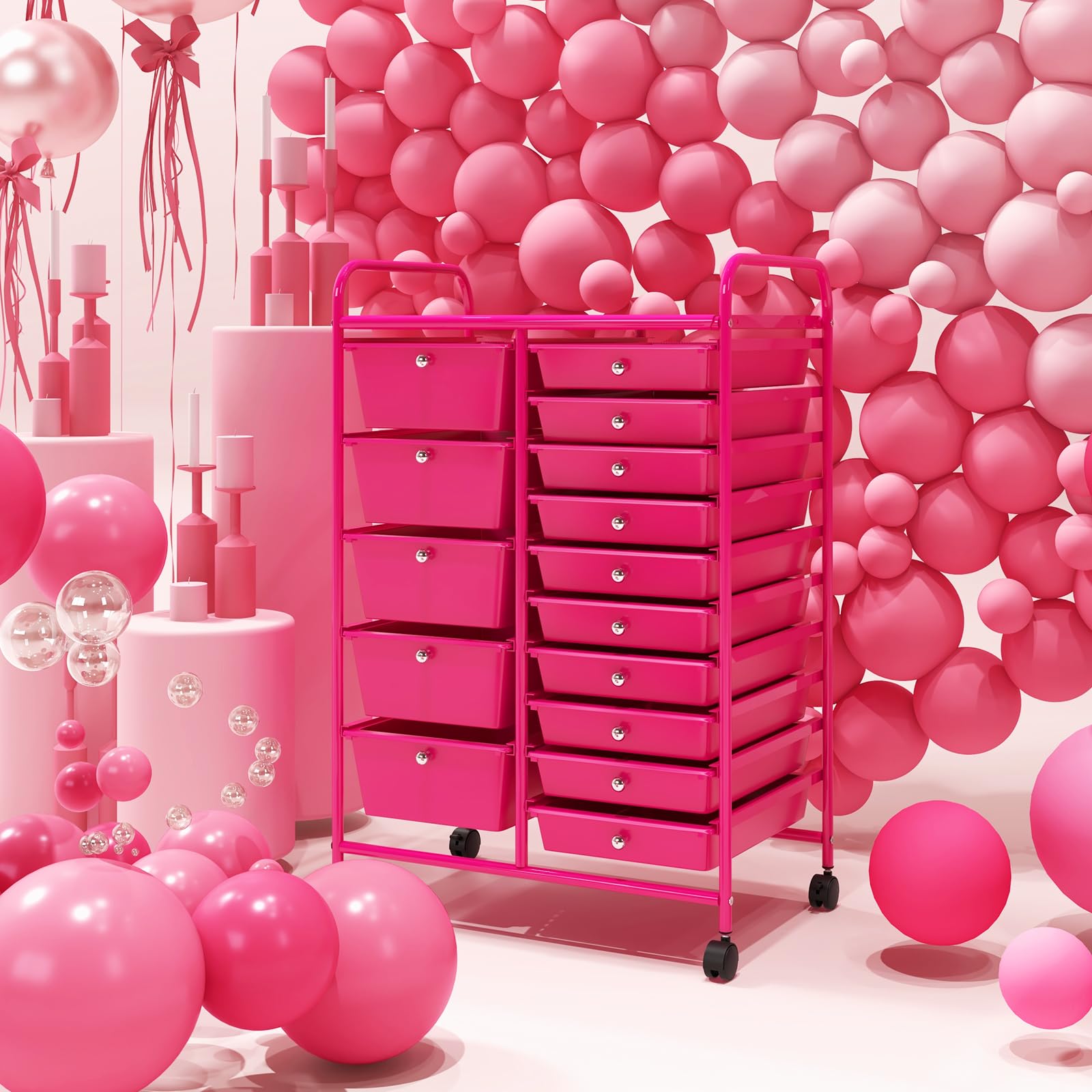COSTWAY 15-Drawer Rolling Storage Cart | Heavy-Duty Mobile Utility Cart with Lockable Wheels | Multipurpose Organizer for Tools, Office Supplies, School & Craft Storage | Perfect for Home, Office & Classroom Organization (Hot Pink)