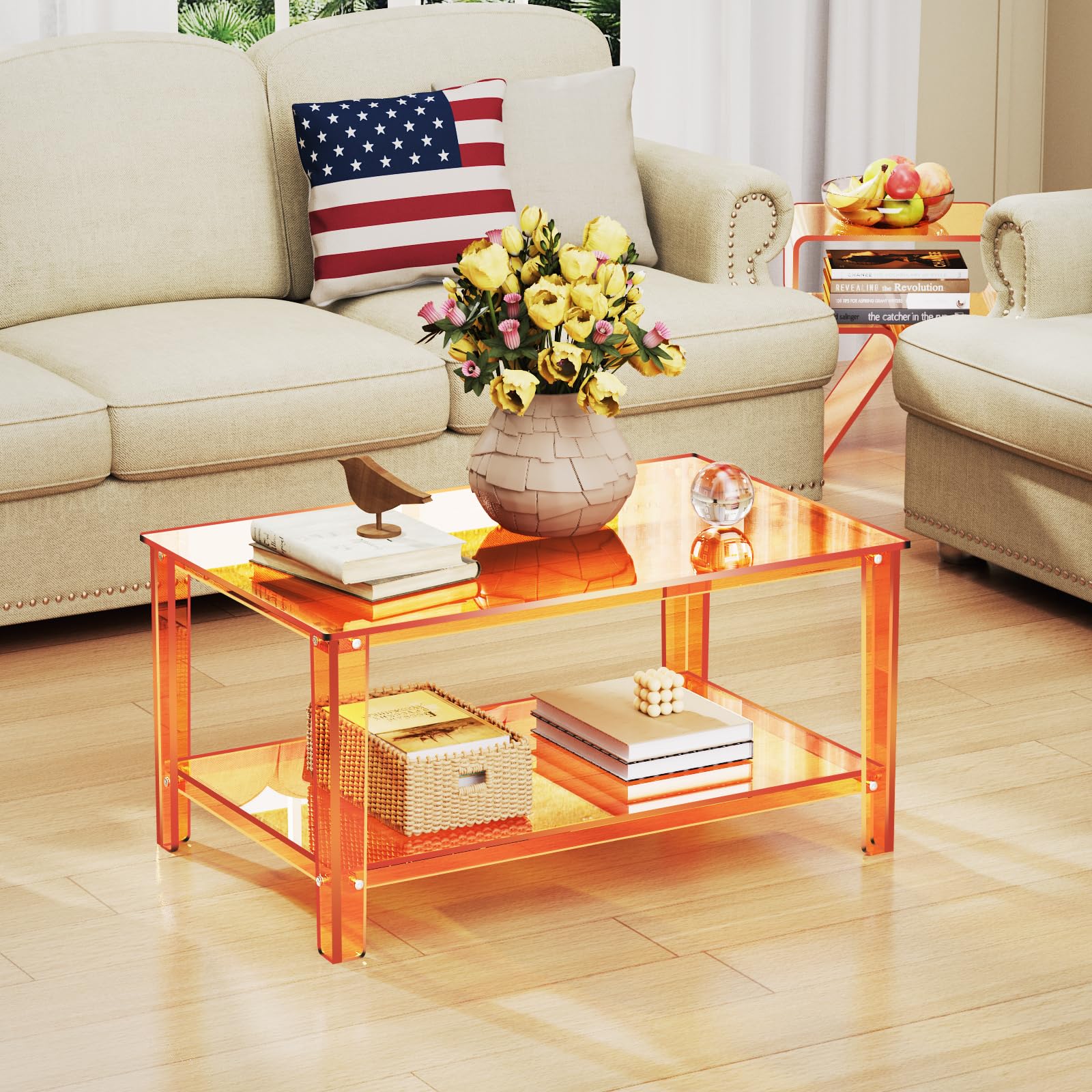 Modern Clear Acrylic Nightstand Side Table - Stylish End Table for Living Room, Bedroom & Office - Orange Home Decor Display for Contemporary Spaces
