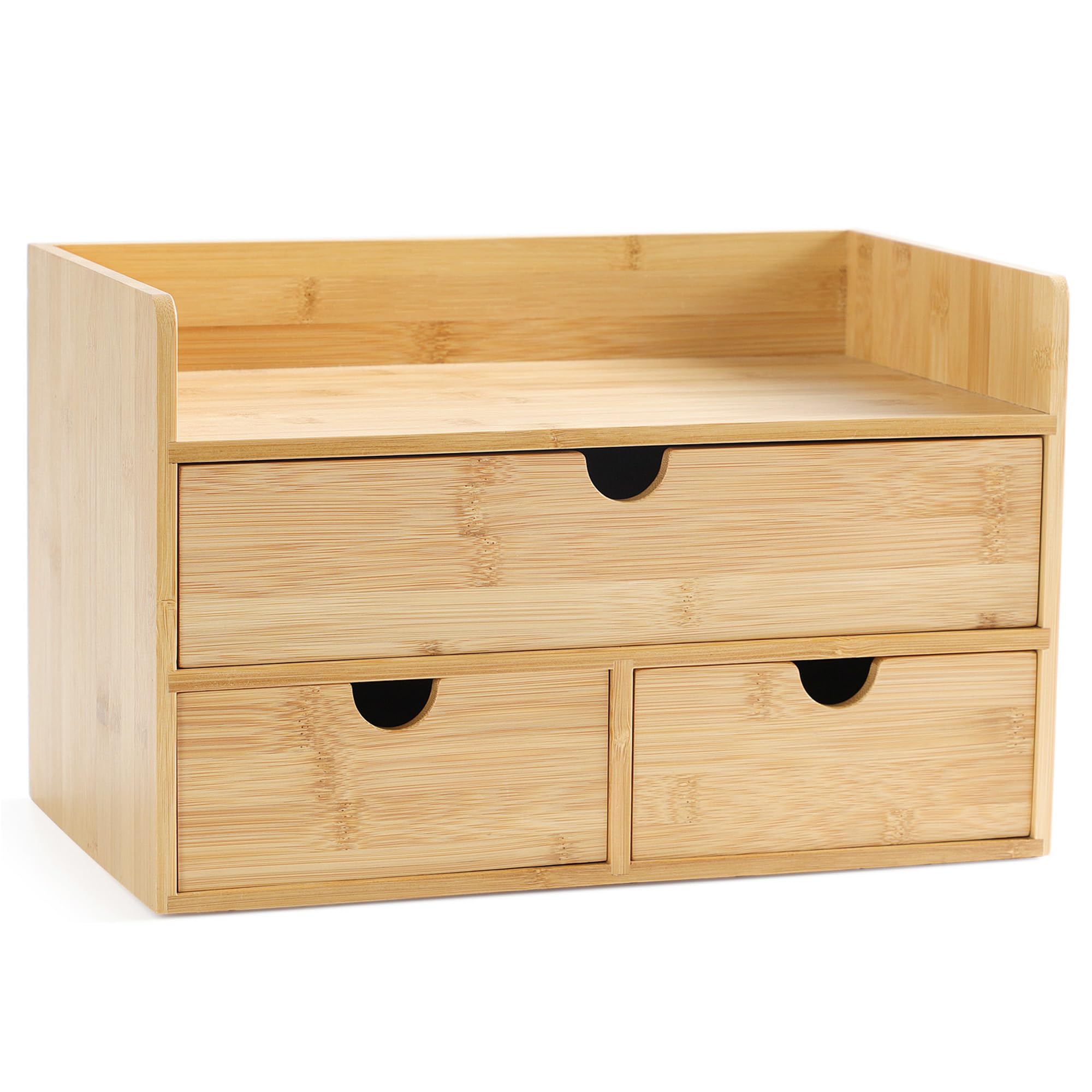 Bamboo Desk Organizer with Drawers - Wooden Desktop Storage for Office Supplies, Makeup, Bills & Kitchen Utensils | No Assembly Required | Perfect for Home Office, Vanity & Kitchen Organization