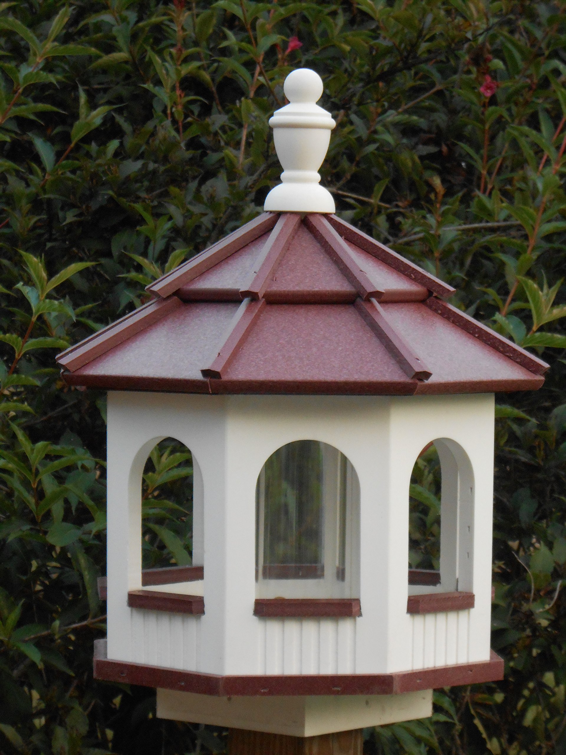 Amish Handmade Medium Vinyl Gazebo Bird Feeder - White & Red Outdoor Garden Decoration for Attracting Wild Birds & Enhancing Backyard Aesthetics