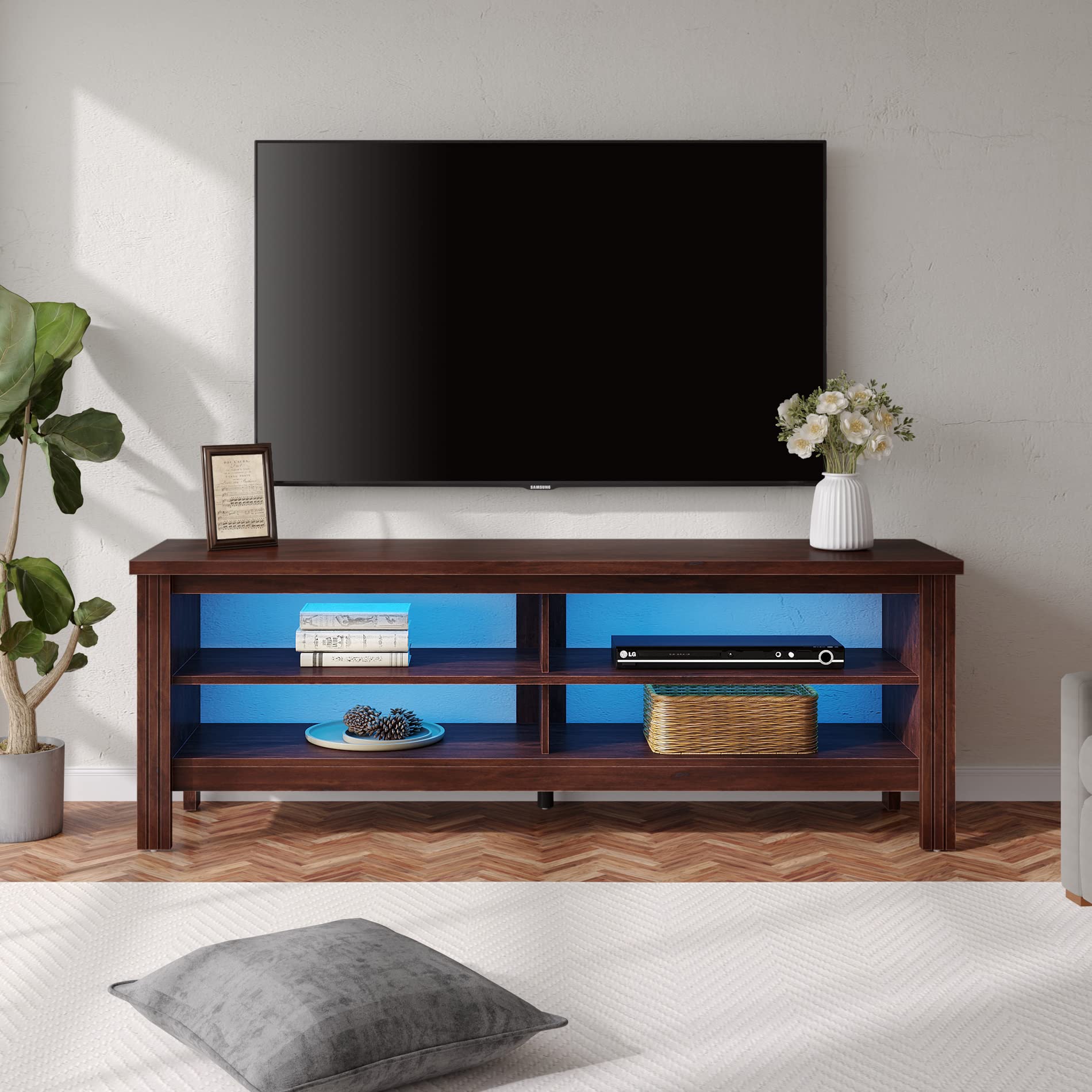 65 Inch Gaming TV Stand with LED Lights - Brown Media Console Table for 55-60 Inch TVs, 4 Storage Shelves, Entertainment Center for Living Room & Bedroom | Perfect for Gaming Setup & Home Theater Systems