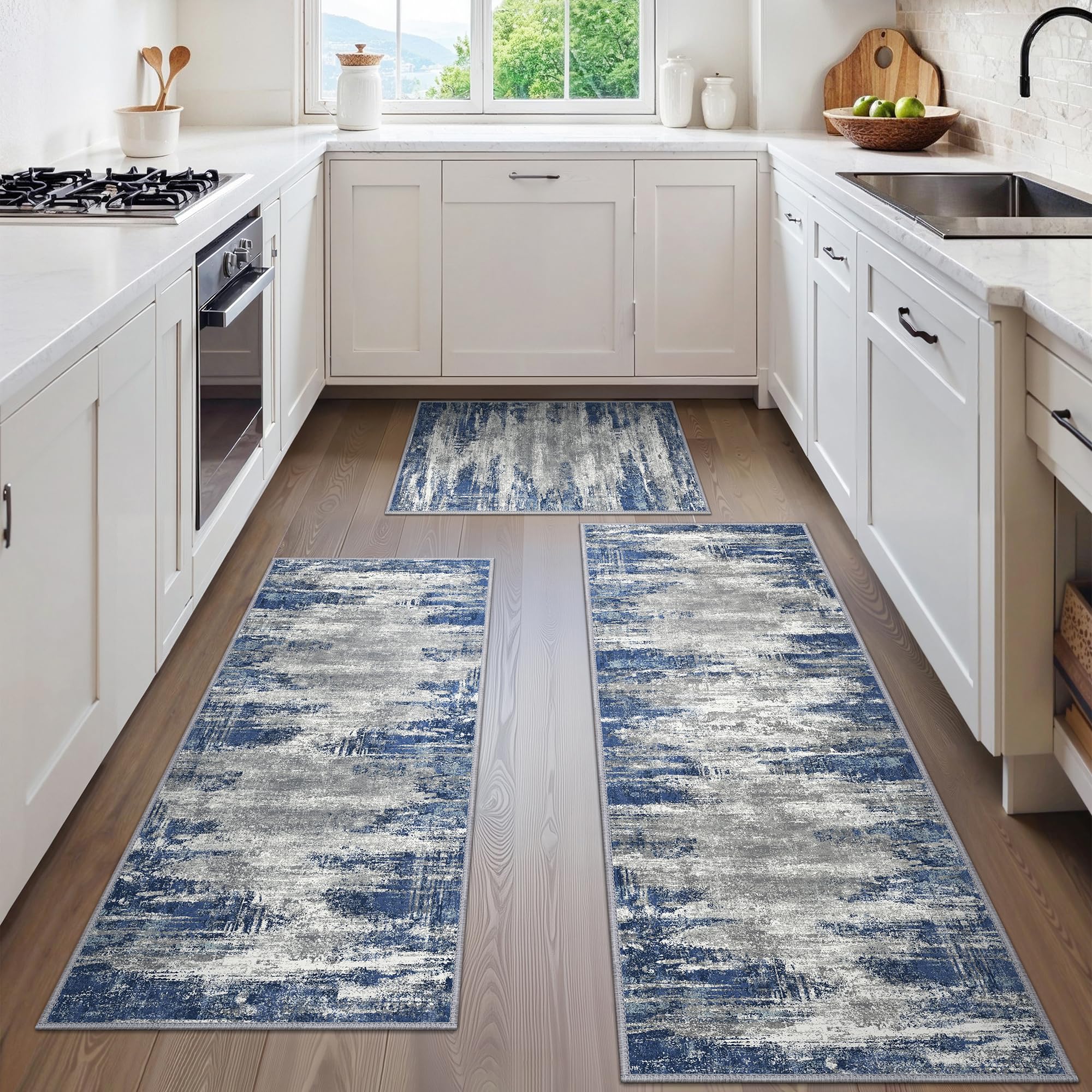 GENIMO Non-Slip Washable Kitchen Rugs Set of 3 - Waterproof Abstract Modern Floor Mats for Kitchen, Hallway, Laundry, Sink, Entryway & Bathroom - Blue & Ivory - Perfect for High-Traffic Areas & Spill Protection