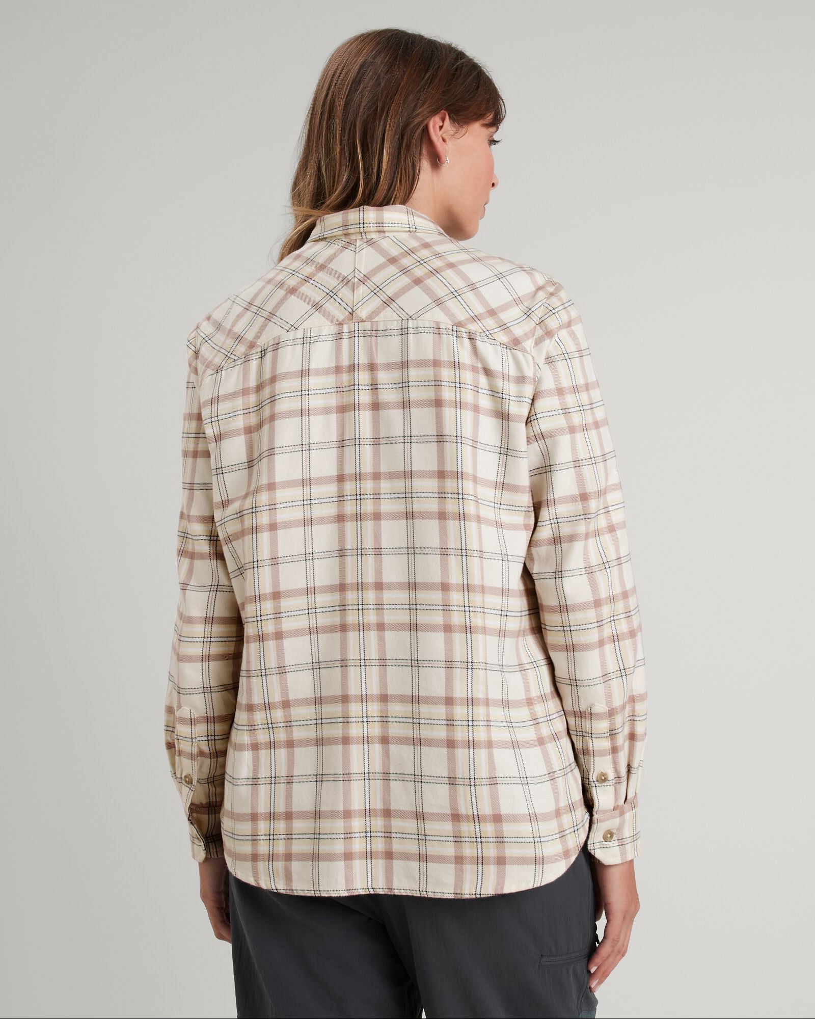 Carrillon Women's HF Long Sleeve Shirt - Natural/Drift Check Plaid Flannel Button-Up Top for Casual Wear & Outdoor Activities
