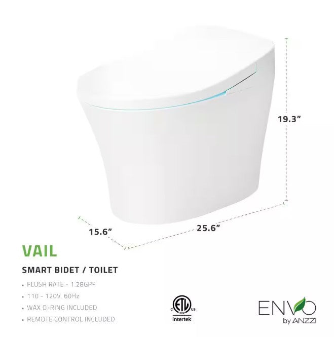 Anzzi TL ST823WH Envo Vail Smart Bidet Toilet - 1.28 GPF Elongated Bowl with Remote Control, Heated Seat & Warm Water Wash - Perfect for Modern Bathrooms & Luxury Homes