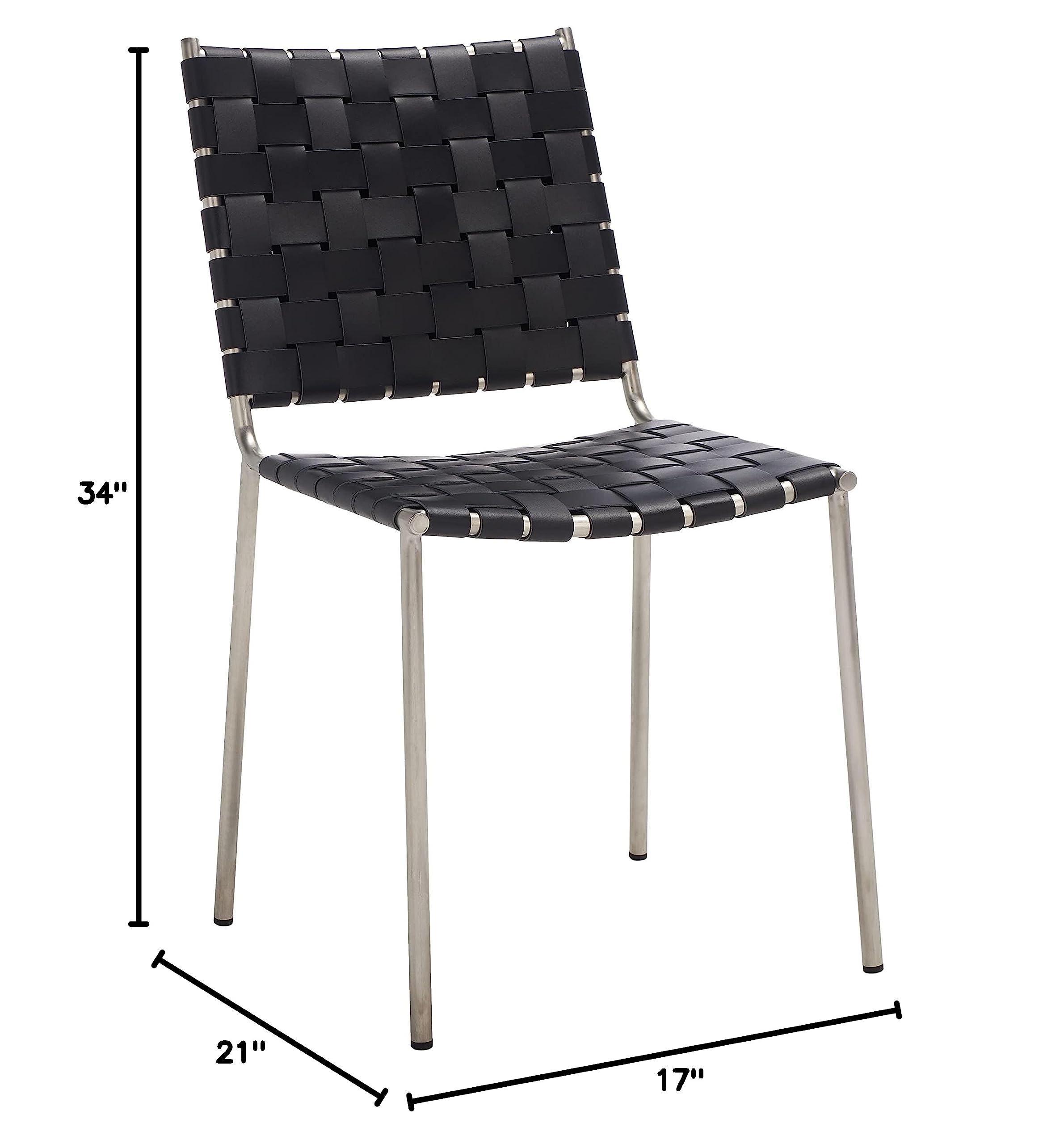 Safavieh Wesson Black Woven Leather & Silver Dining Chairs (Set of 2) - Fully Assembled Modern Kitchen & Dining Room Furniture for Home Decor