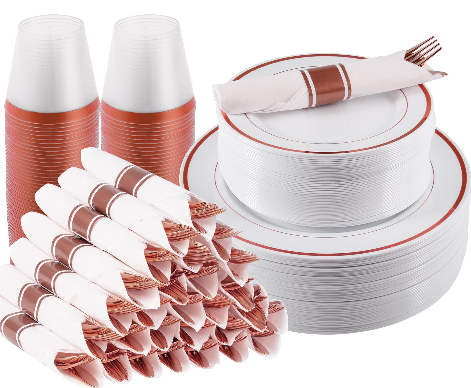 350-Piece Rose Gold Plastic Dinnerware Set - Disposable Rose Gold Lace Plates, 50 Dinner Plates, 50 Dessert Plates, 50 Pre-Rolled Napkins with Silverware & 50 Cups - Elegant Party Tableware for Weddings, Bridal Showers & Special Events