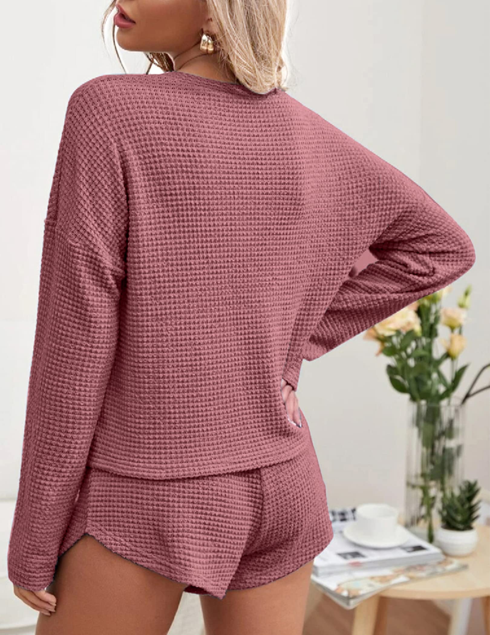 Ekouaer Women's Waffle Knit Pajama Set - Long Sleeve Top & Shorts Lounge Wear with Pockets | Cozy Sleepwear & Home Loungewear for Relaxing Nighttime & Weekend Comfort
