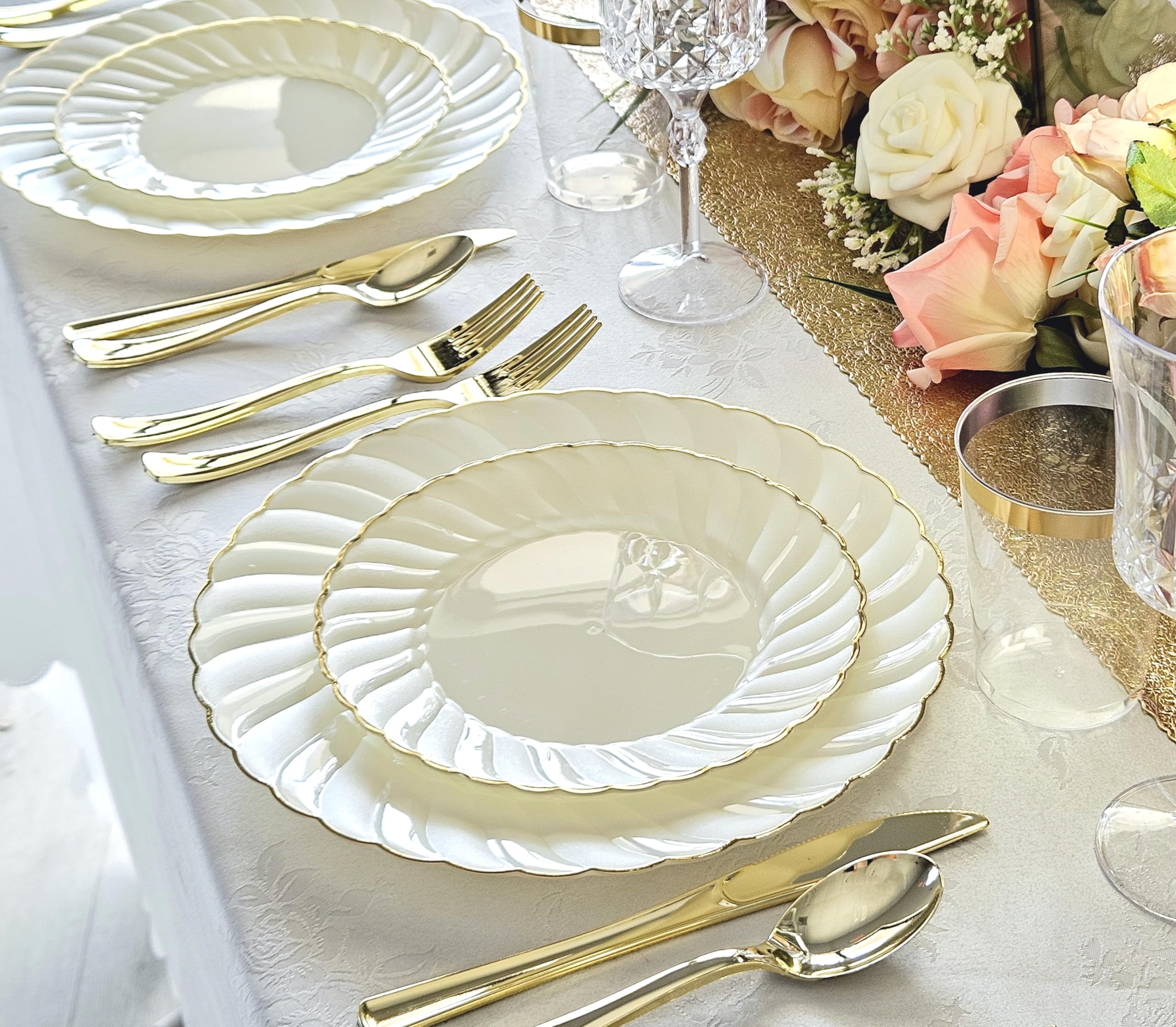 240-Pack Vintage Wedding Disposable Plastic Plates Set - 120 x 10.25'' Dinner Plates + 120 x 7.5'' Salad/Dessert Plates in Blossom Ivory & Gold | Perfect for Weddings, Parties, Bridal Showers & Special Events