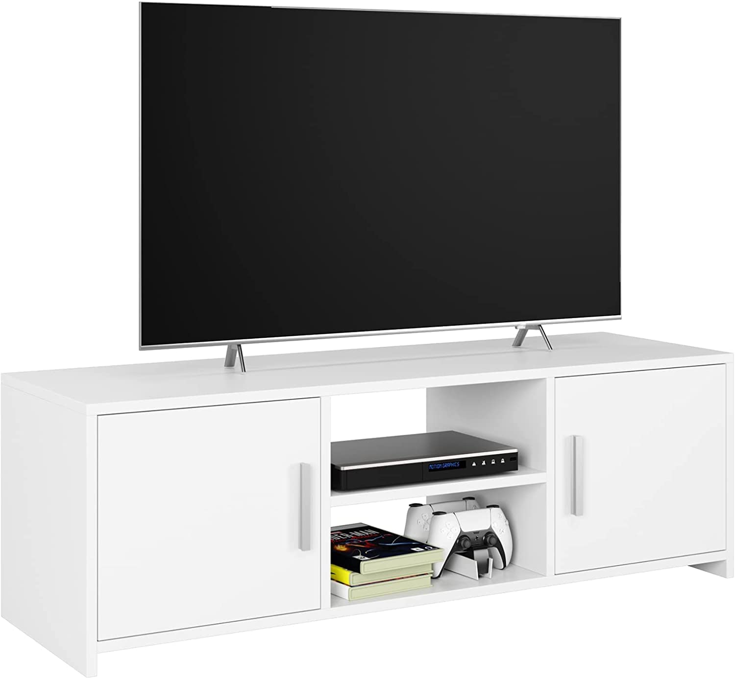 Modern TV Stand Cabinet with 2 Doors & Storage Shelves - Wood Console Table Entertainment Center for Living Room & Bedroom - White, 43.3x14.2x14.2 Inch - Perfect for Organizing Media Devices & Enhancing Home Decor