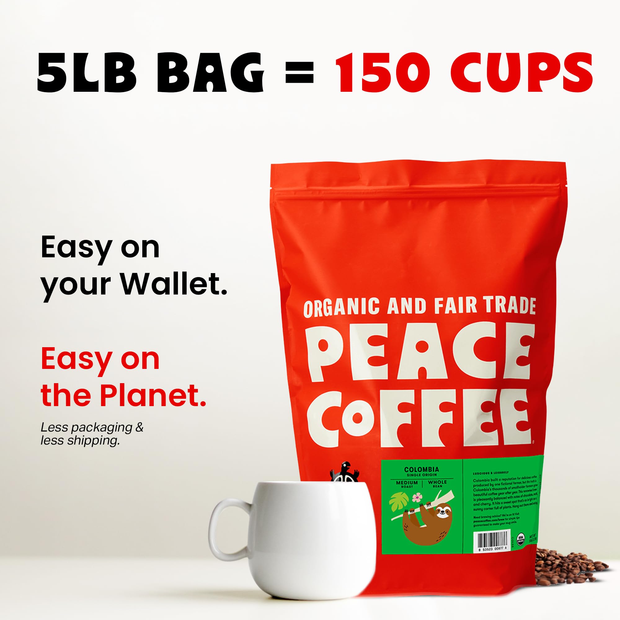Organic Fair Trade Colombia Single Origin Coffee - 5 lb Whole Bean Medium Roast | Shade Grown, Fresh Roasted | Smooth & Crisp Flavor | Perfect for Home Brewing, Office Use & Gift Giving