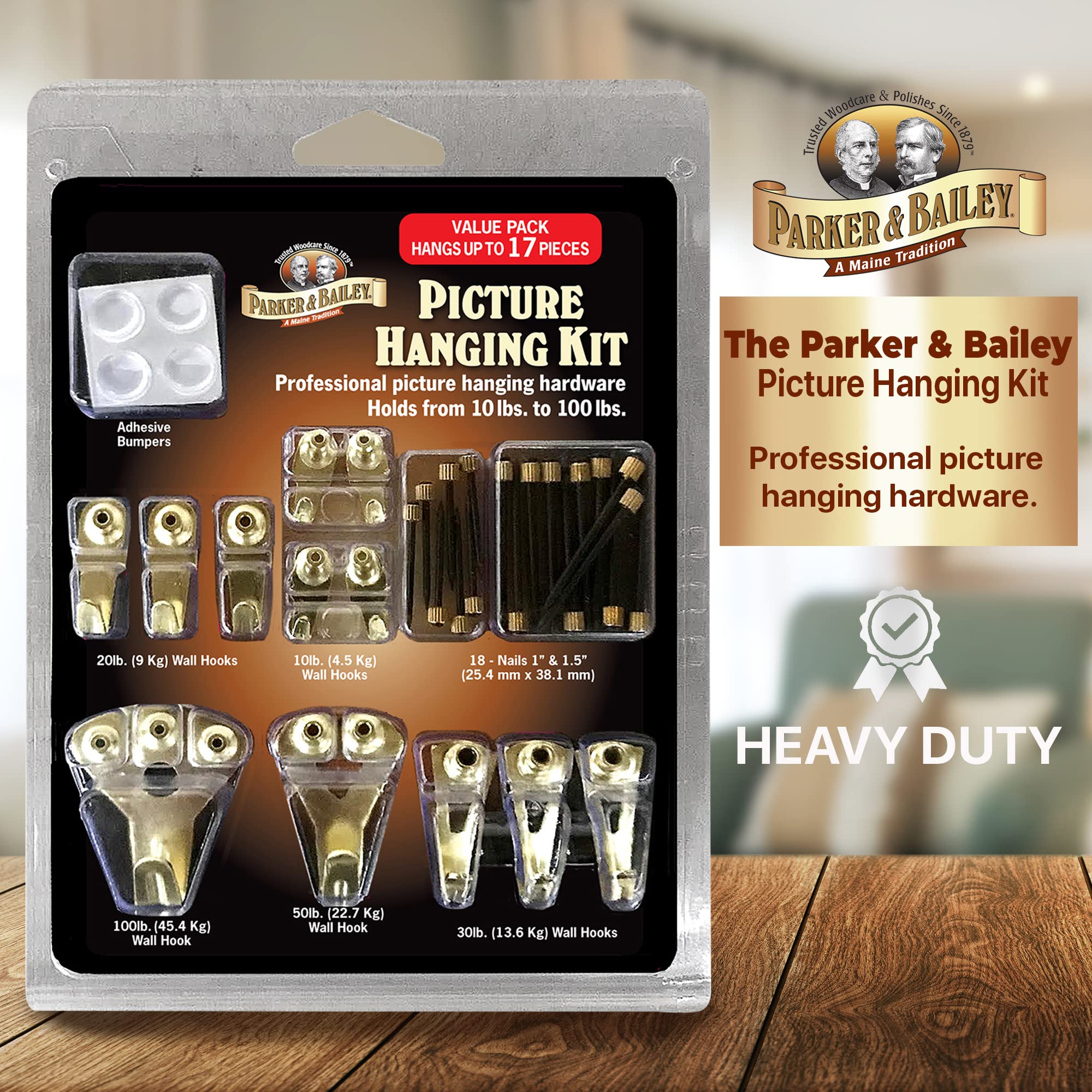 **PARKER & BAILEY 17-Piece Heavy Duty Picture Hanging Kit with Hooks, Nails & Wire – Wall Mounting Hardware for Frames, Collages & Home Decor – Perfect for Living Rooms, Bedrooms & Offices**