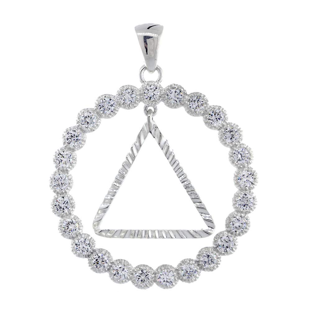 Extra Large Floating Triangle Cubic Zirconia AA Sobriety Pendant in Sterling Silver - Perfect for Alcoholics Anonymous Recovery Jewelry & 12-Step Program Gifts