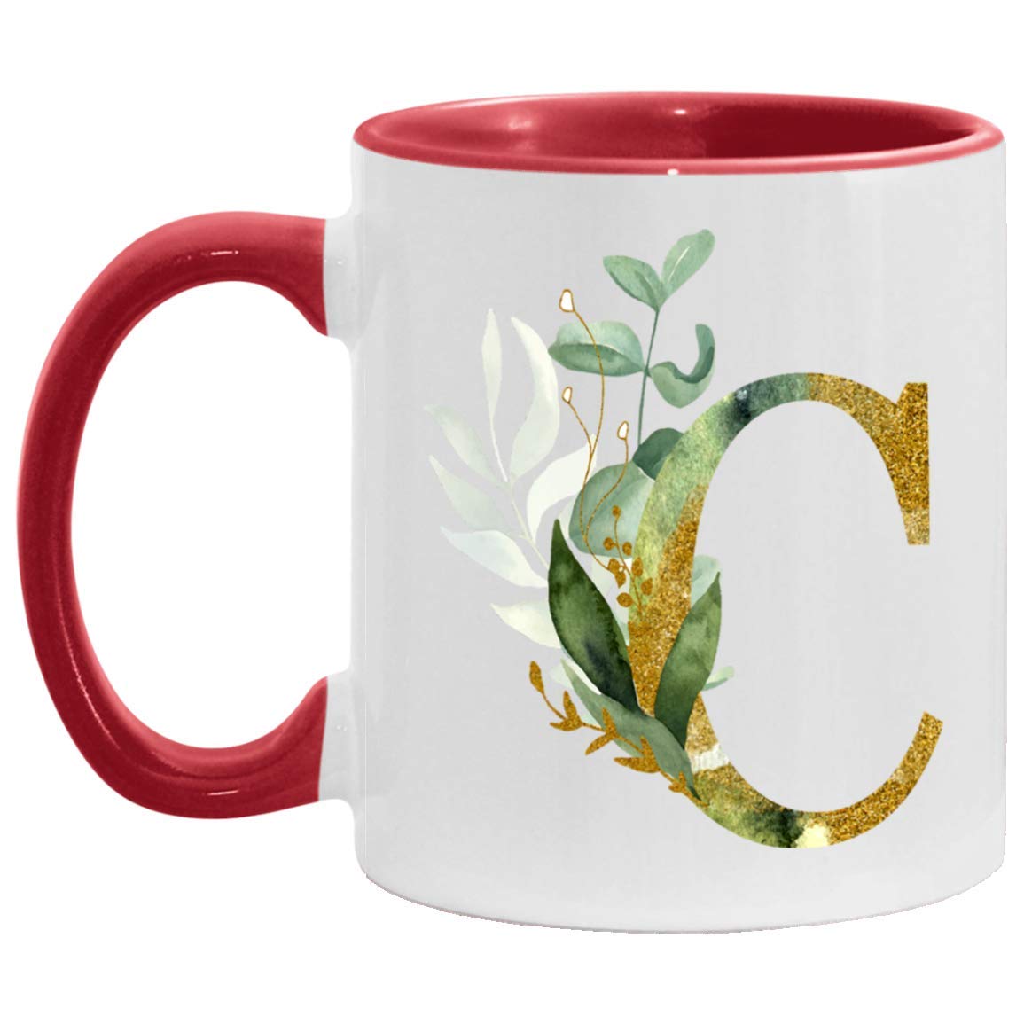 Personalized Monogram Coffee Mug with Gold Floral Letter C - Custom Initial Cup for Women, Birthday, Christmas & Mother's Day Gift - Elegant Red Ceramic Tea Cup for Home, Office & Gifting