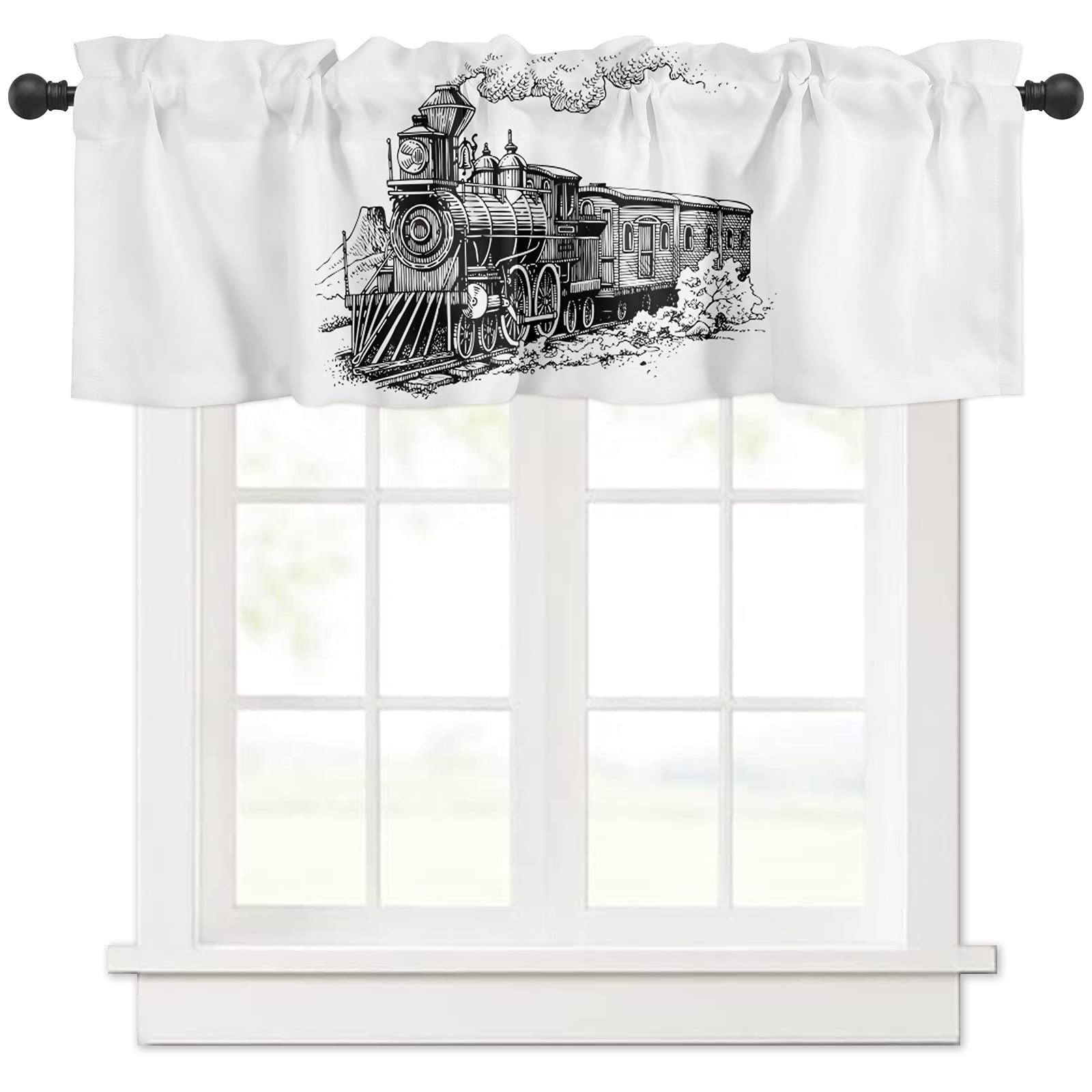 Vintage Train Rod Pocket Valance Curtains 54x18 Inch - Steam Train Smoke Cartoon Design for Kitchen, Bedroom & Living Room Window Treatments - Perfect for Home Decor & Themed Rooms