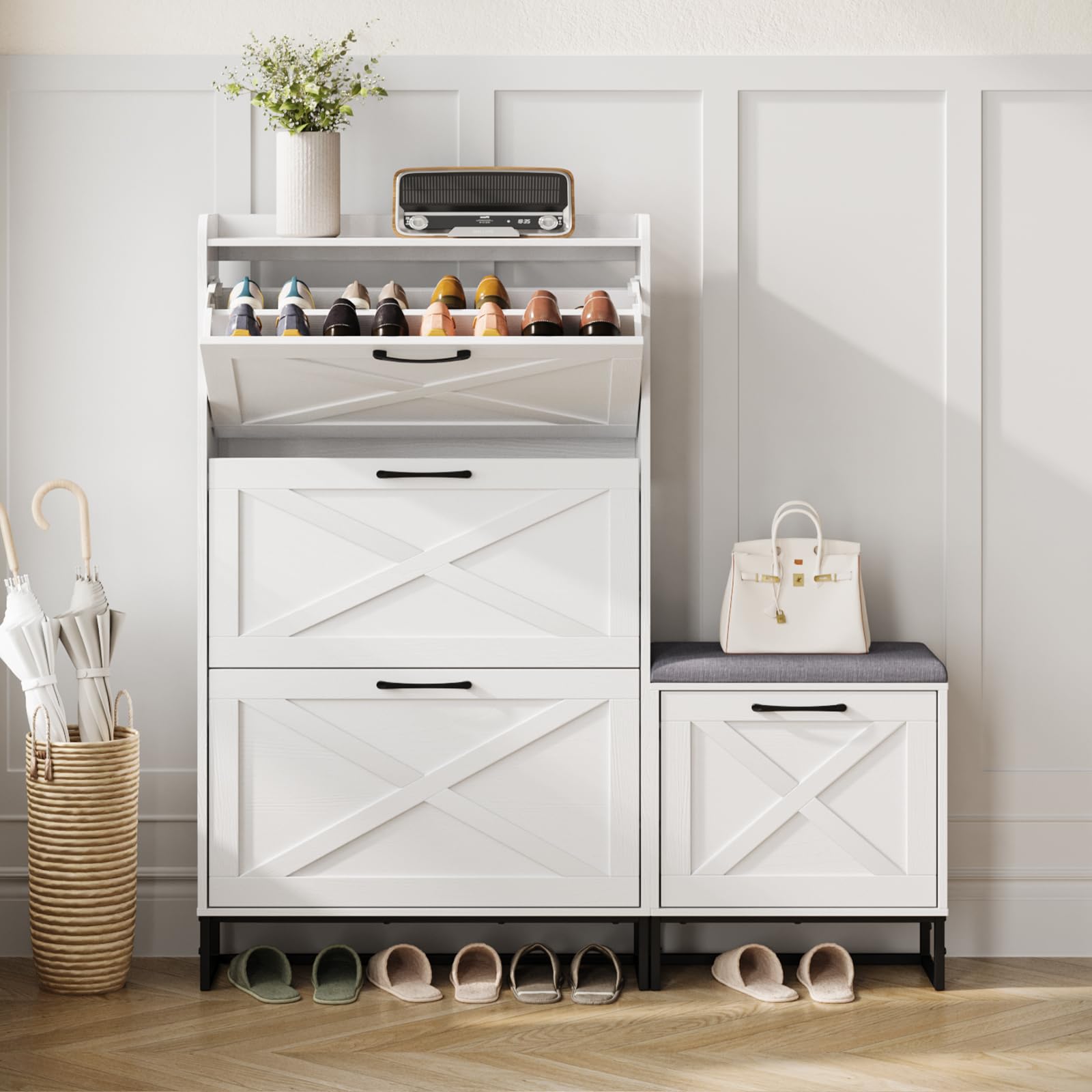 Maupvit 4-Tier Shoe Storage Cabinet with Flip Drawers - Holds 28 Pairs of Shoes, Space-Saving Entryway Shoe Bench & Hidden Organizer for Living Room, Hallway, Bedroom - White (Perfect for Small Spaces & Apartment Entryways)