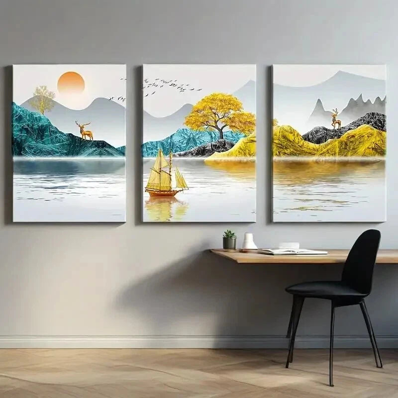 3-Piece Abstract Landscape Metal Wall Art Prints - Ready to Hang Modern Home Decor for Living Room, Bedroom & Office