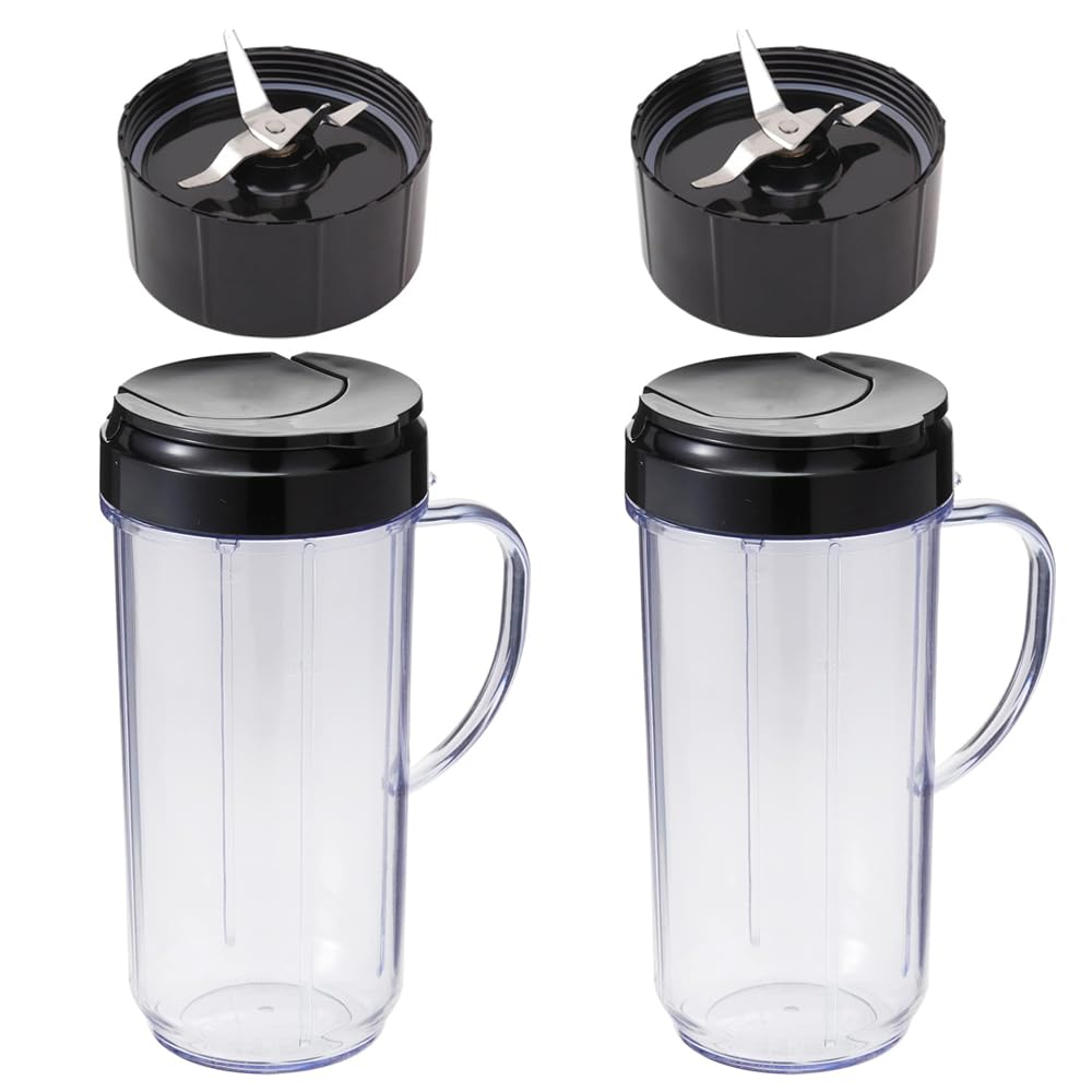 2 Pack Magic Bullet Replacement Blender Cups - 22oz Tall Travel Mugs with Leak-Proof Flip Top Lids & Cross Blades - Compatible with Magic Bullet 250W MB1001 Series (6 Pieces) - Perfect for Smoothies, Protein Shakes & On-the-Go Blending