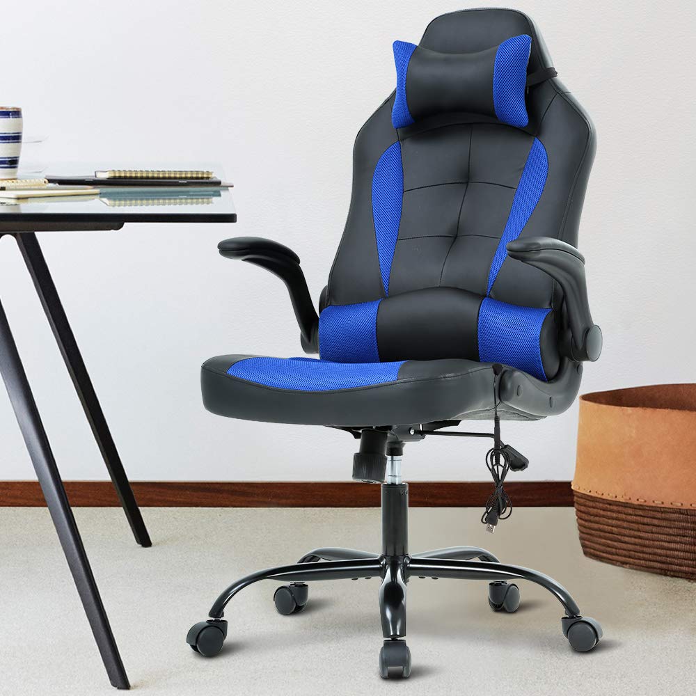 Ergonomic Gaming Chair - High Back Racing Style PU Leather Office Chair with Adjustable Lumbar Support, Headrest & Footrest - Blue | Perfect for PC Gaming, Home Office & Streaming Setup