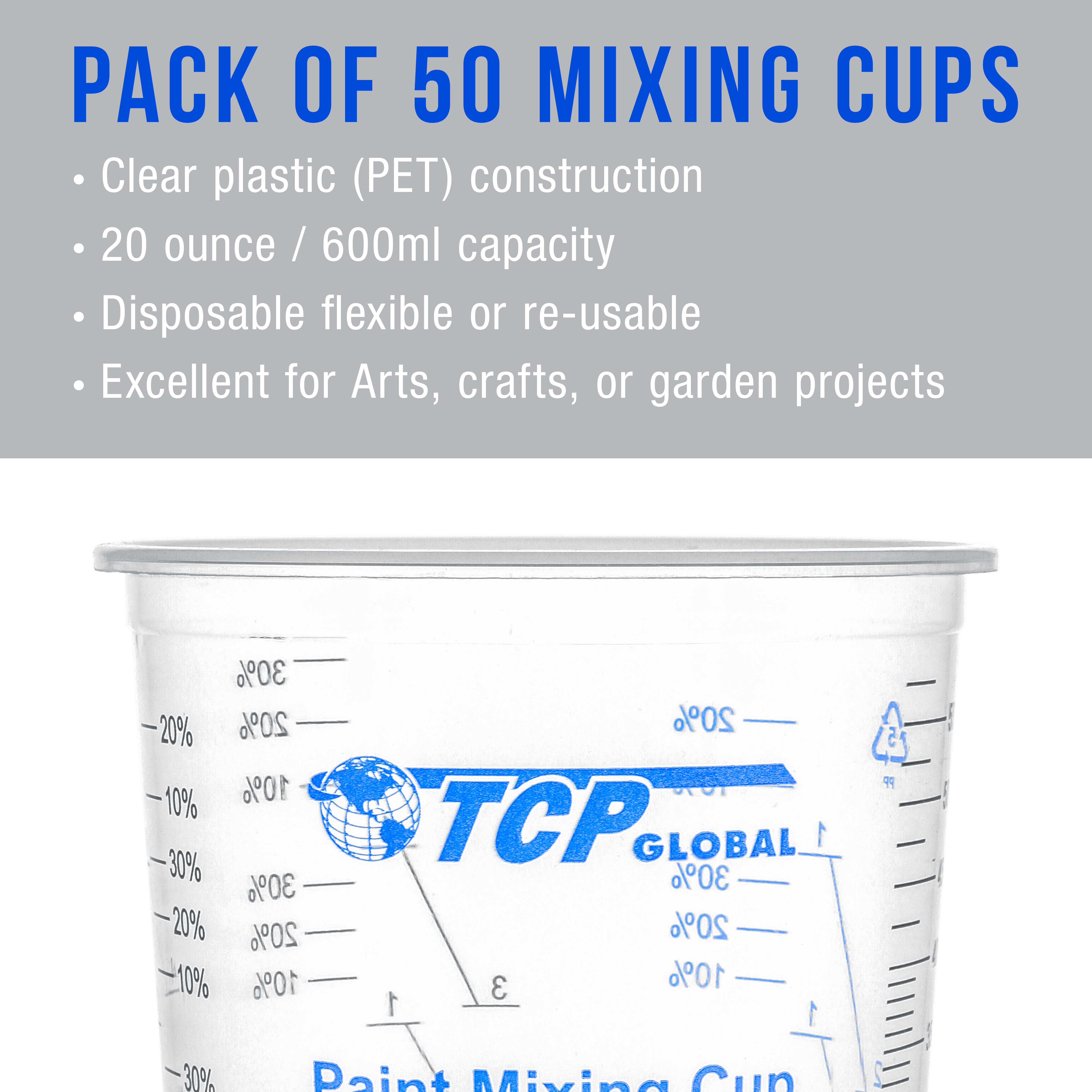 TCP Global 20oz (600ml) Disposable Clear Plastic Mixing Cups with Graduated Measurements - Box of 50 Cups & 50 Mixing Sticks - Perfect for Paint, Resin, Epoxy, Art Projects & DIY Crafts