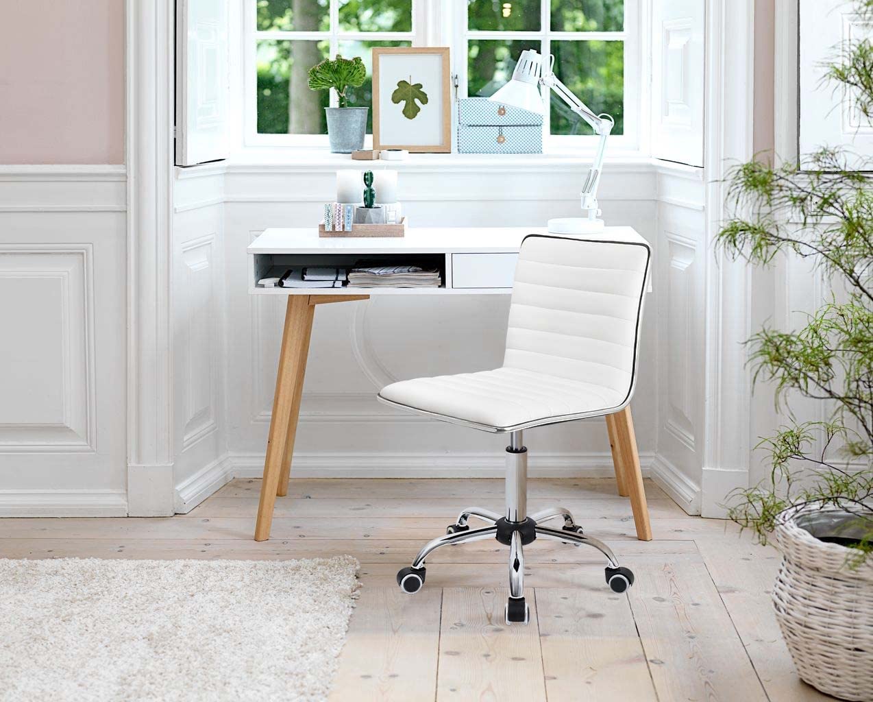 Furmax Mid Back Vanity Chair - White PU Leather Swivel Makeup Stool with Ribbed Design, Armless Retro Office & Computer Desk Chair for Home, Salon, Dressing Room & Workspace