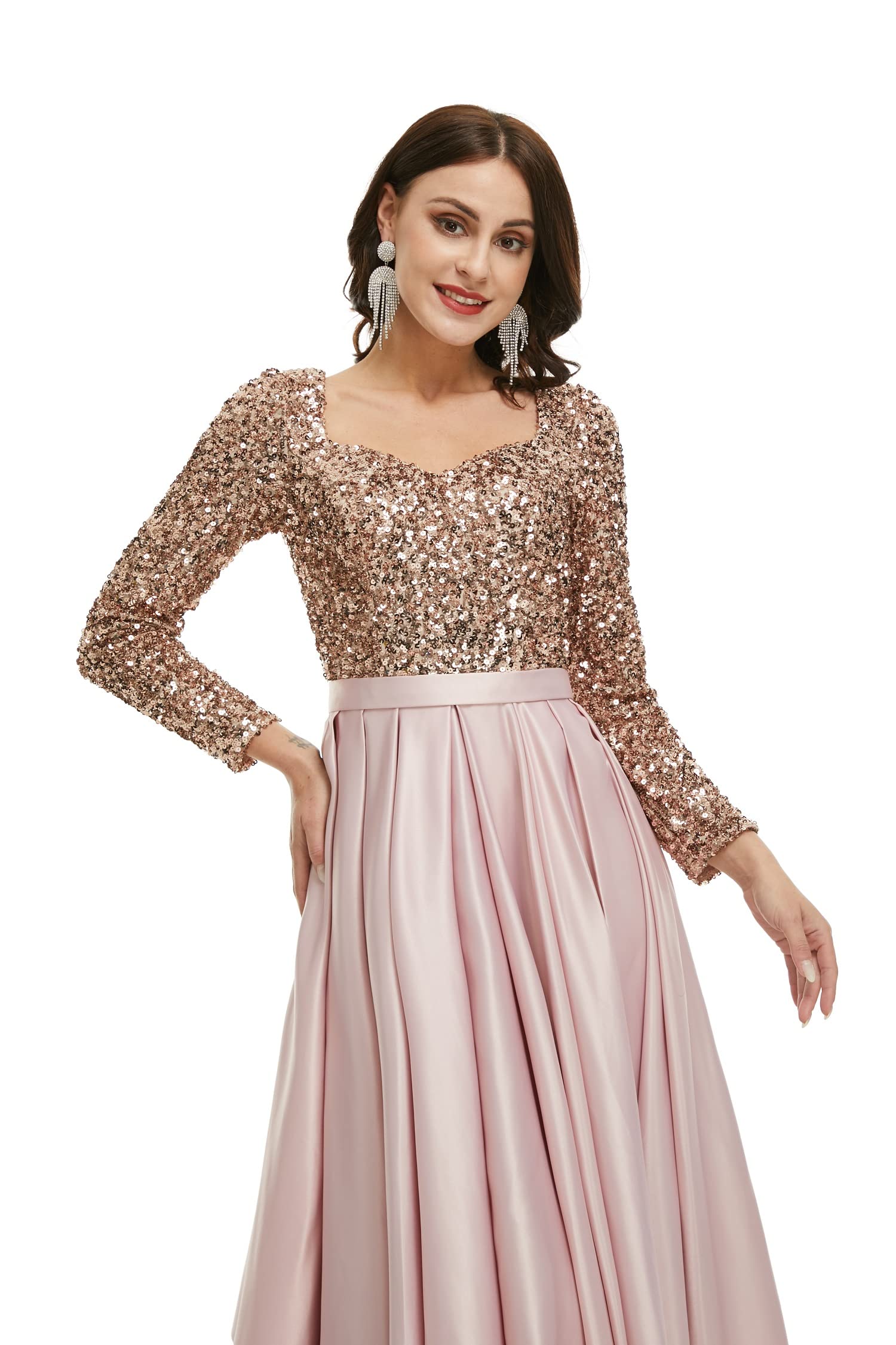 Engerla Sparkly Sequin A-Line Long Sleeve Bridal Gown - Elegant Wedding Dress for Bride & Bridesmaids, Formal Evening Gown for Prom, Party, Homecoming & Special Occasions