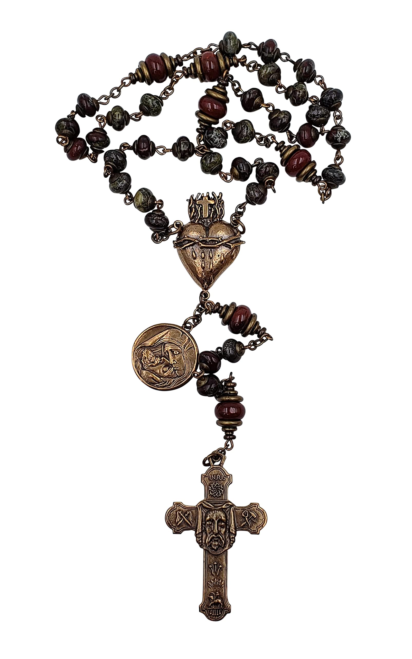 Holy Face of Jesus Devotional Sacred Bleeding Heart Chaplet - Bronze & Bloodstone Red Jasper Rosary for Protection, Stress Relief - Perfect for Prayer, Meditation & Spiritual Healing