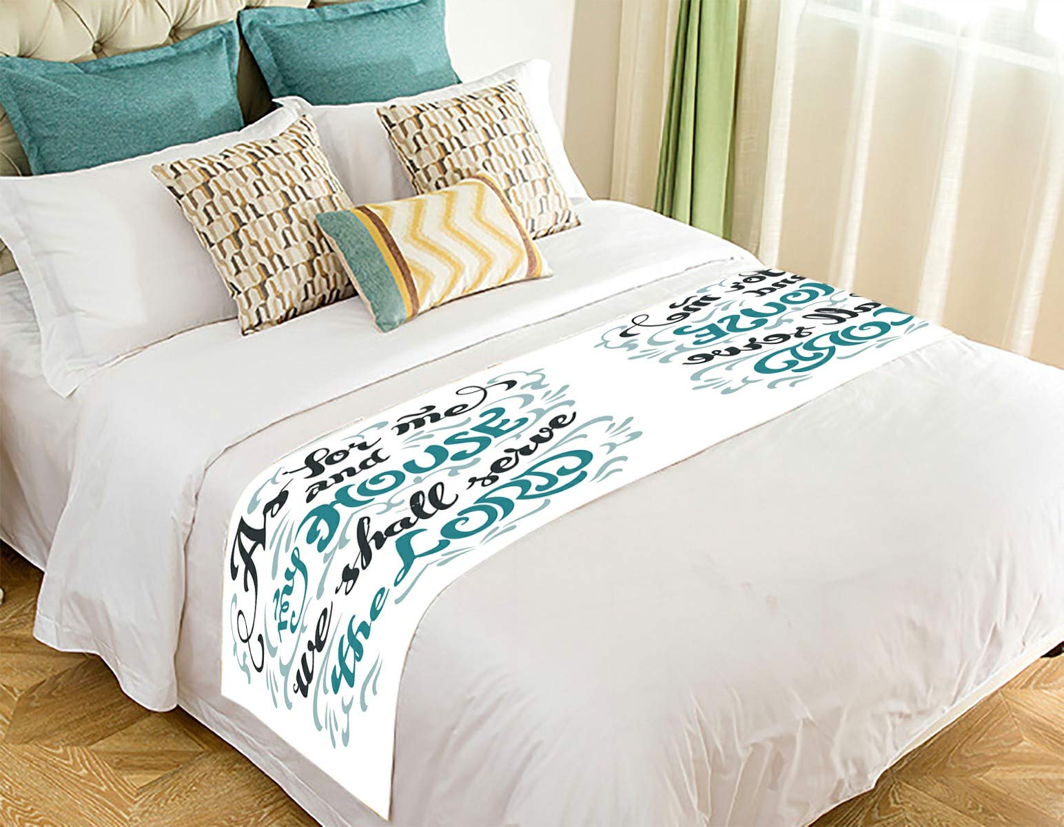 ECZJNT 'As for Me and My House We Will Serve The Lord' Christian Bed Runner - 20x95 Inch White Linen Bed Scarf for Religious Home Decor - Perfect for Church Events, Weddings & Spiritual Bedroom Styling