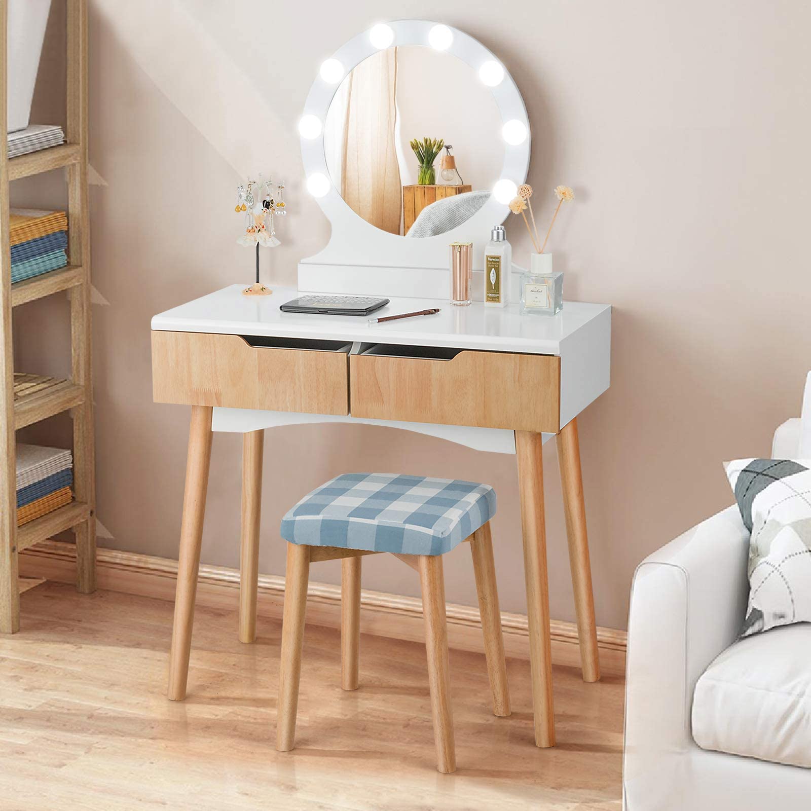 Giantex Natural Wood Vanity Set with Round Lighted Mirror - Adjustable Brightness Makeup Dressing Table with 8 LED Bulbs, Cushioned Stool & 2 Sliding Drawers | Perfect for Bedroom Decor, Bridal Makeup & Beauty Organization