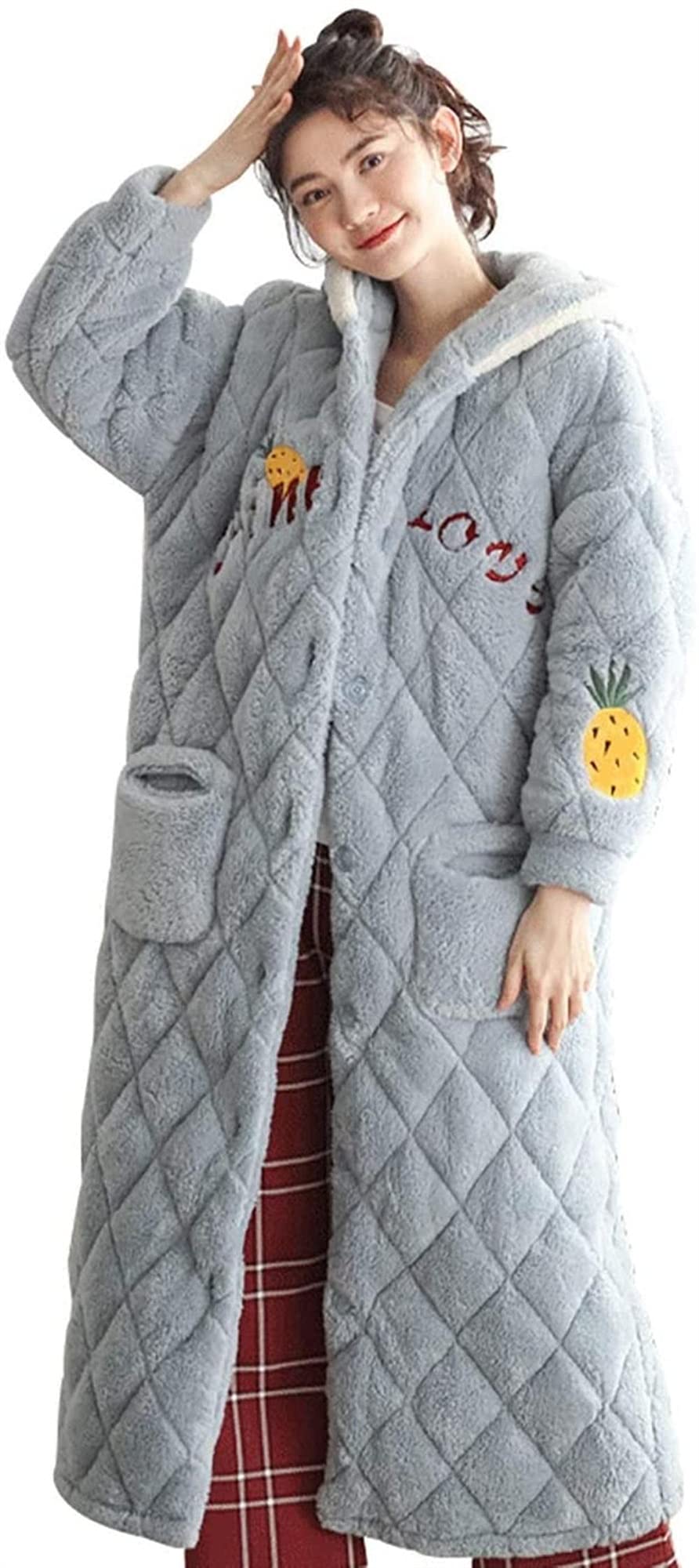 Women's Winter Pajama Set - Long Sleeve Hooded Coral Fleece & Cotton Thick Sleepwear with Bathrobe - Cozy Loungewear for Cold Nights (Blue, XXL) - Perfect for Holiday Gifts, Sleepovers & Relaxing at Home