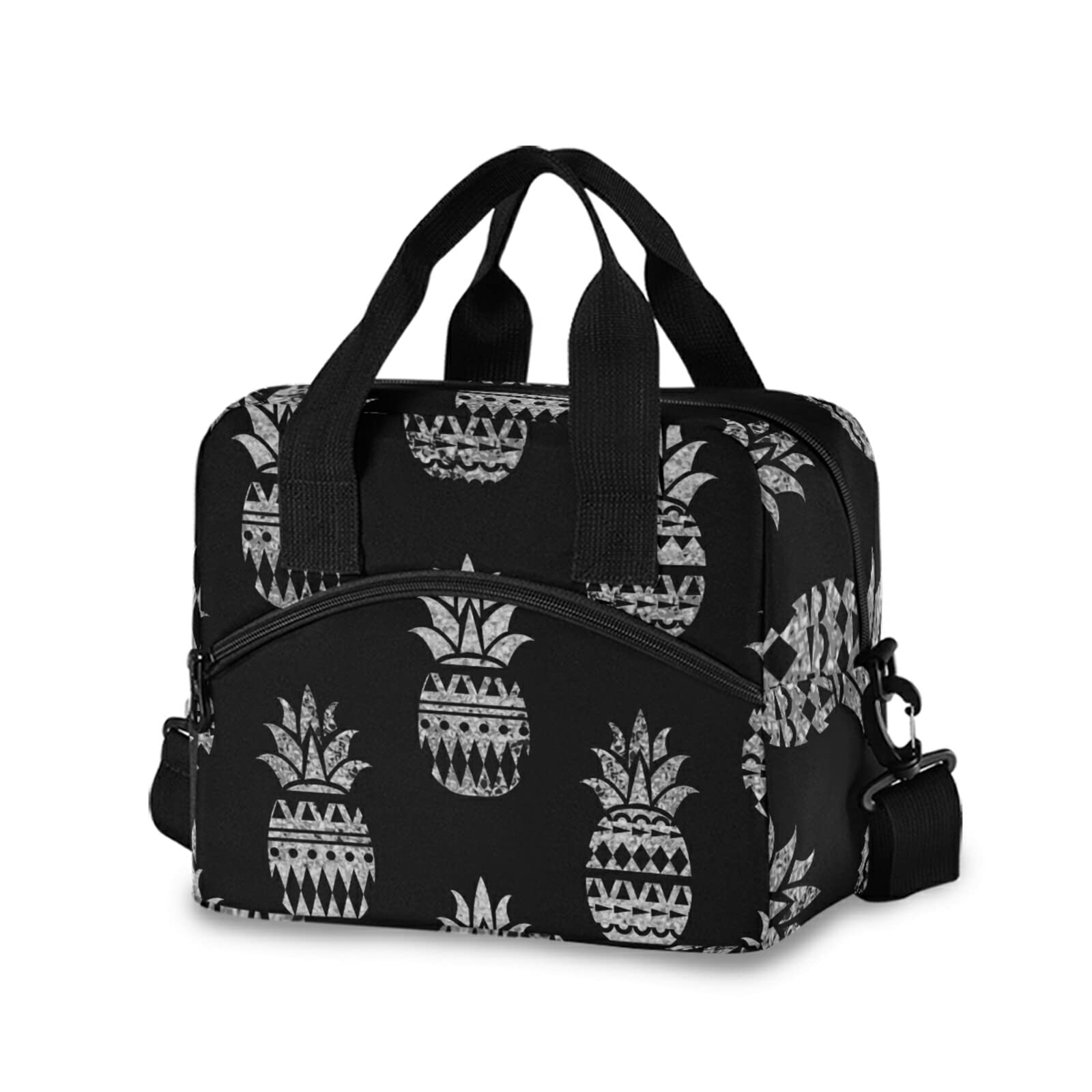 Scandinavian Silver White Glitter Geometric Pineapple Insulated Lunch Bag - Leakproof Dark Cooler Lunchbox, Reusable Tote with Adjustable Crossbody Strap for Work, School & Travel | Perfect for Picnics, Commuting & Outdoor Adventures