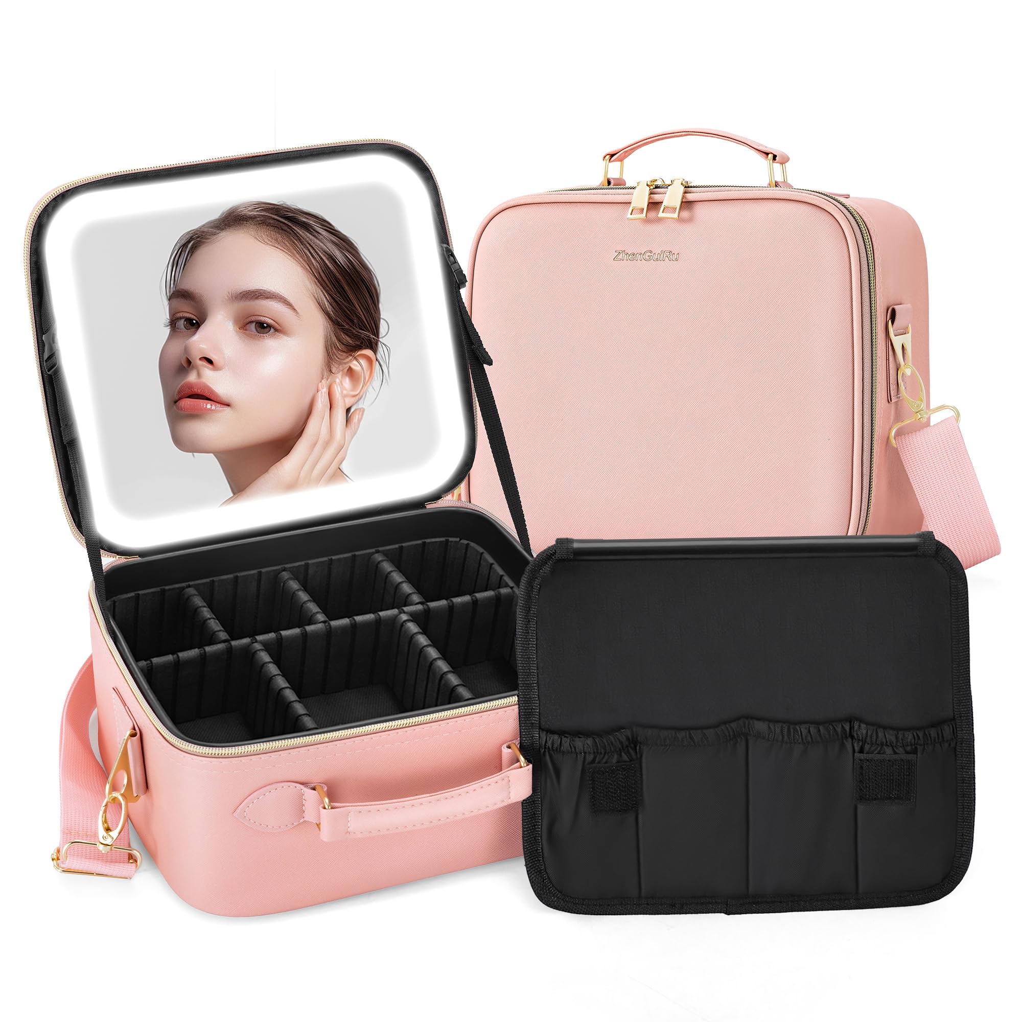 LED Makeup Bag with Mirror - Portable Travel Cosmetic Organizer Case with Lighted Mirror & Brush Holder - Black Makeup Storage Pouch for Women | Perfect for Travel, Home Vanity & Professional Makeup Artists