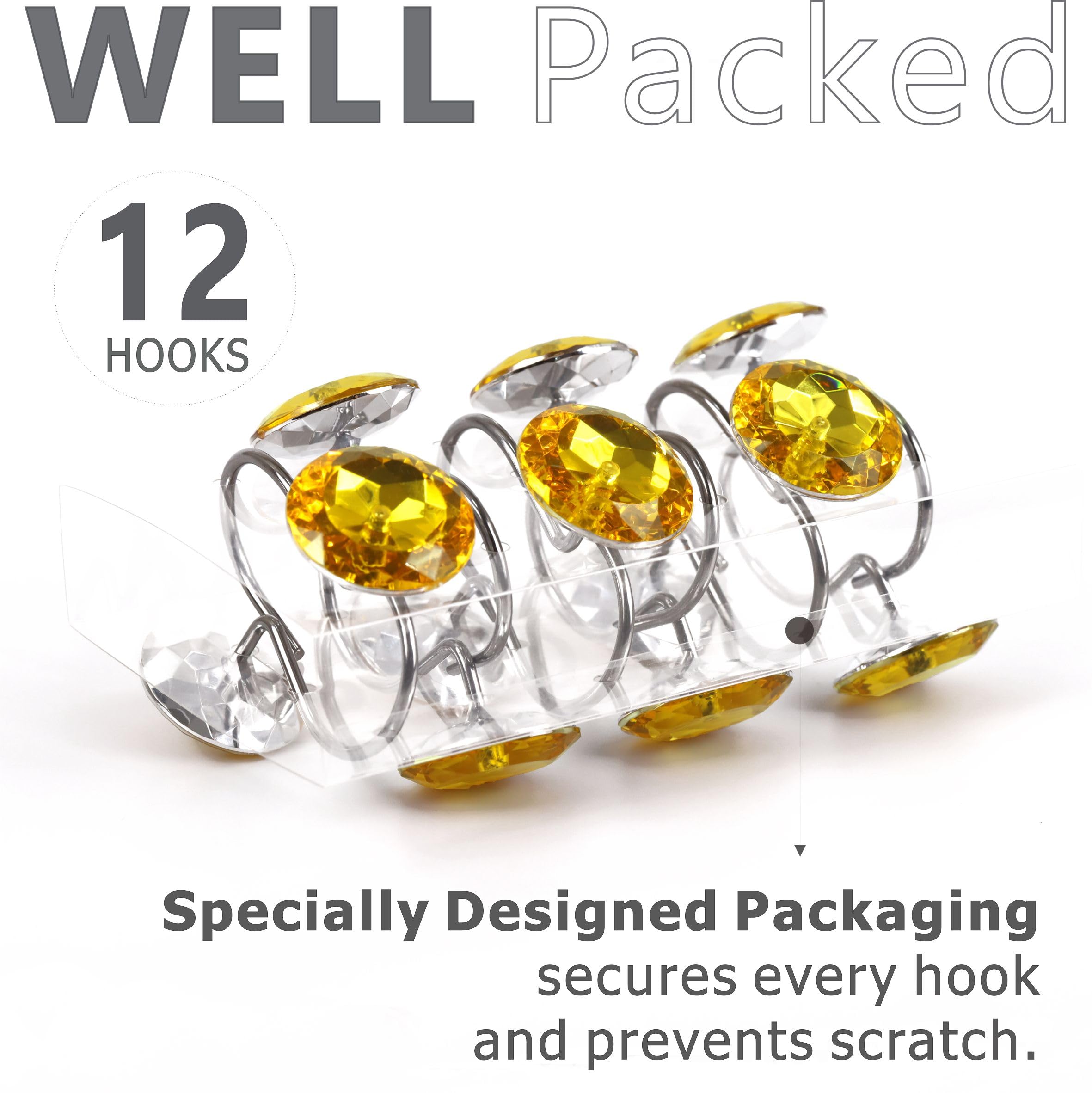 12-Pack Yellow Gold Shower Curtain Hooks with Orange Crystal Bling & Sparkling Diamond Accents - Elegant Bathroom Accessories for Fall, Thanksgiving Decor | Perfect for Holiday Home Decor & Gift Giving