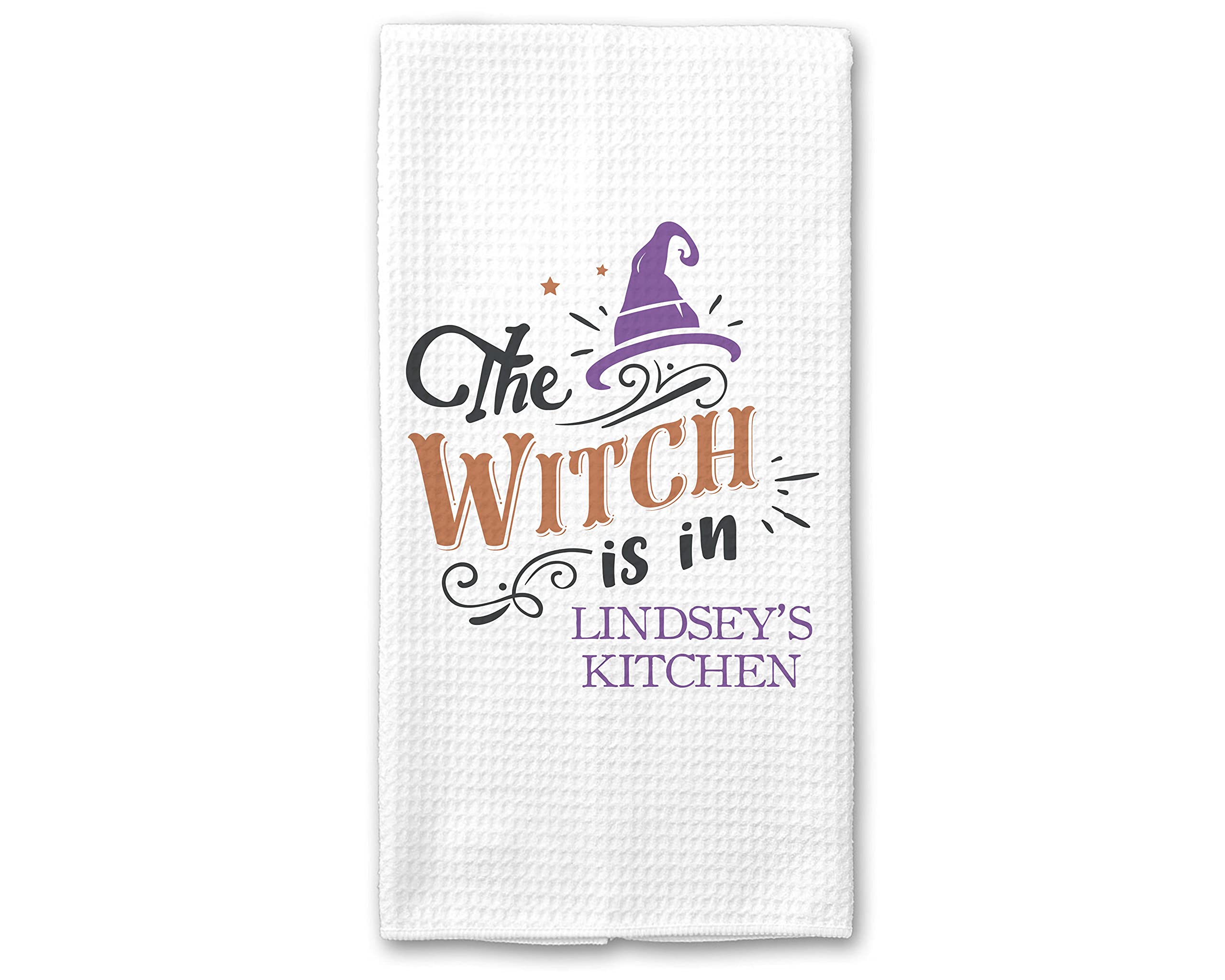 Custom Halloween Waffle Weave Dish Towel - Personalized Kitchen Towel with 'The Witch Is In' Design for Halloween Decor | Perfect for Holiday Cooking, Gift Giving & Spooky Kitchen Decorations