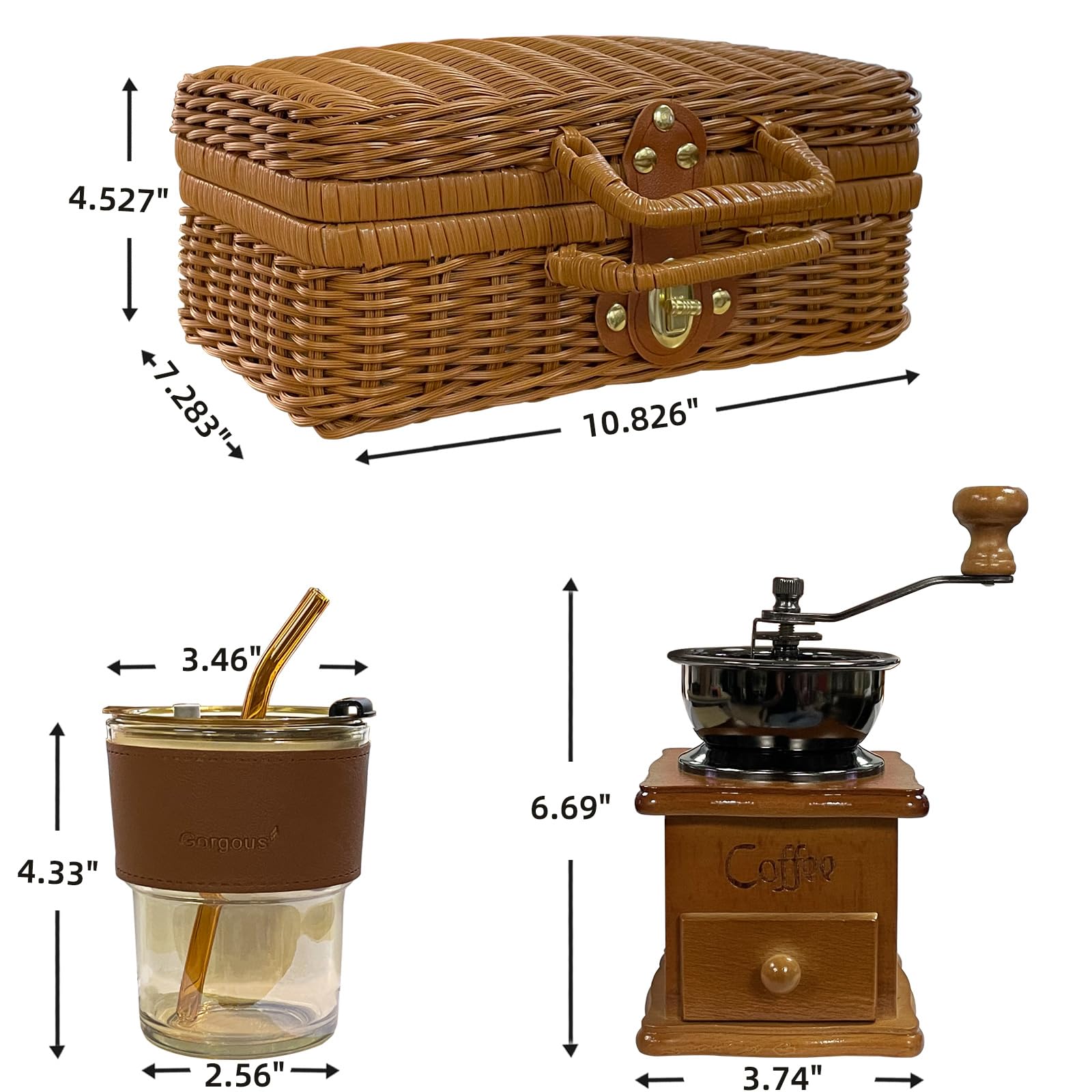 Premium French Coffee Kit - Hand Manual Coffee Grinder & Glass Cups Set, Vintage Antique Style, Perfect Christmas Gift for Coffee Lovers (Brown) - Ideal for Home Brewing, Office Use & Holiday Gifting