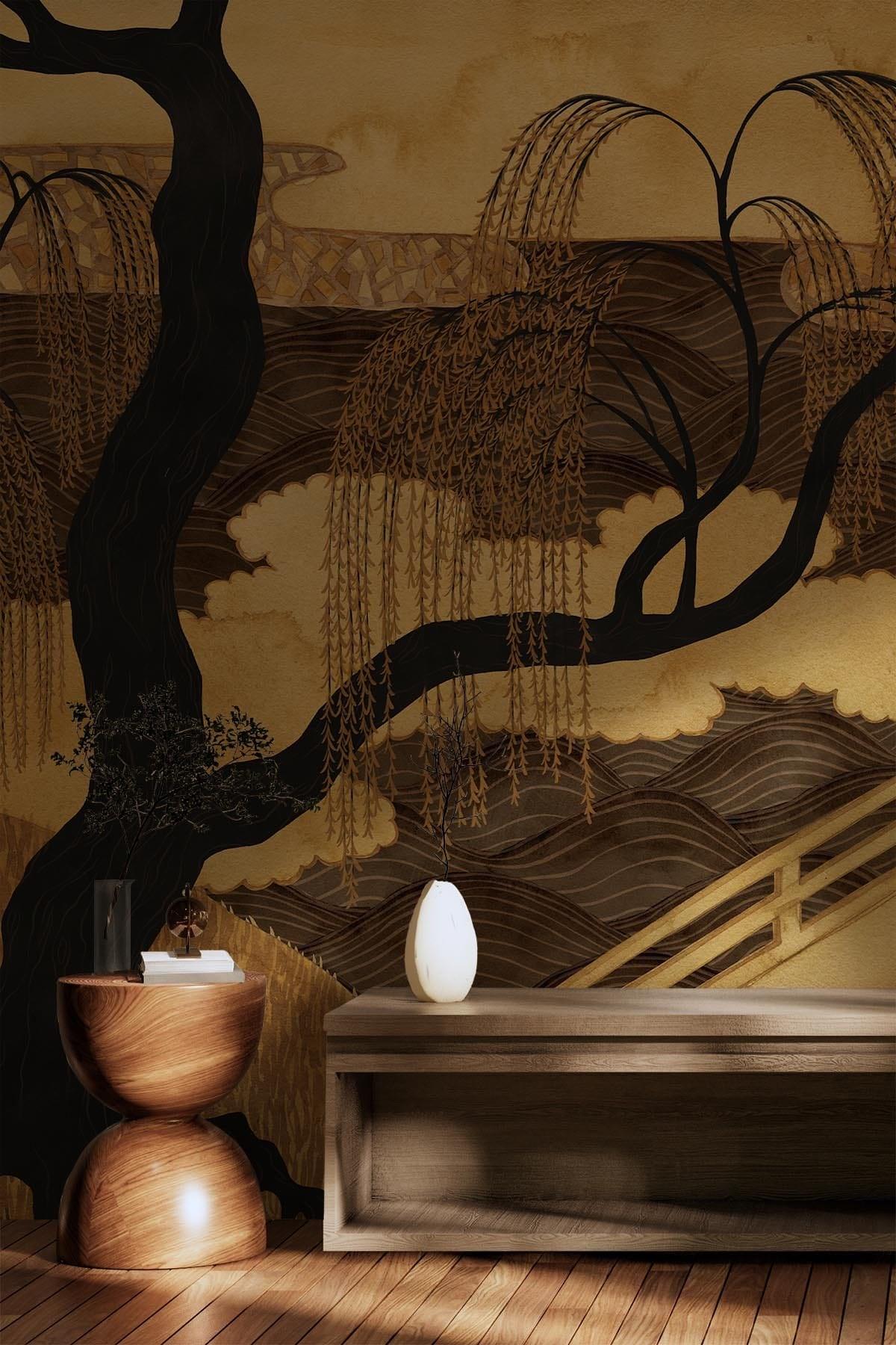 Asian Garden Golden Ochre - Premium Home Decor & Gift for Housewarming, Wedding, or Feng Shui Use