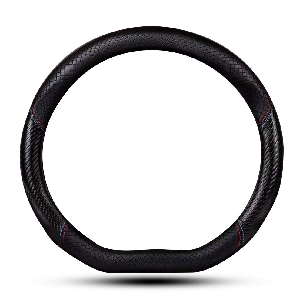 Premium Carbon Fiber & Leather D-Shape Steering Wheel Cover - Non-Slip 15