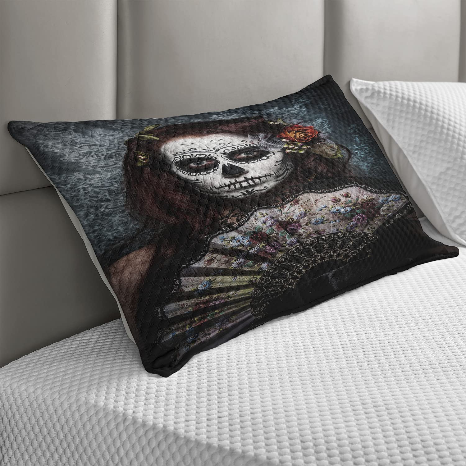 Ambesonne Day of The Dead Quilted Pillow Cover - Makeup Artist Girl Skull with Roses Art Print, Standard King Size Decorative Pillow Case (36x20 Inches) - Cadet Blue & Maroon for Gothic Home Decor, Halloween Bedroom Accent, or Dia de Los Muertos Celebration