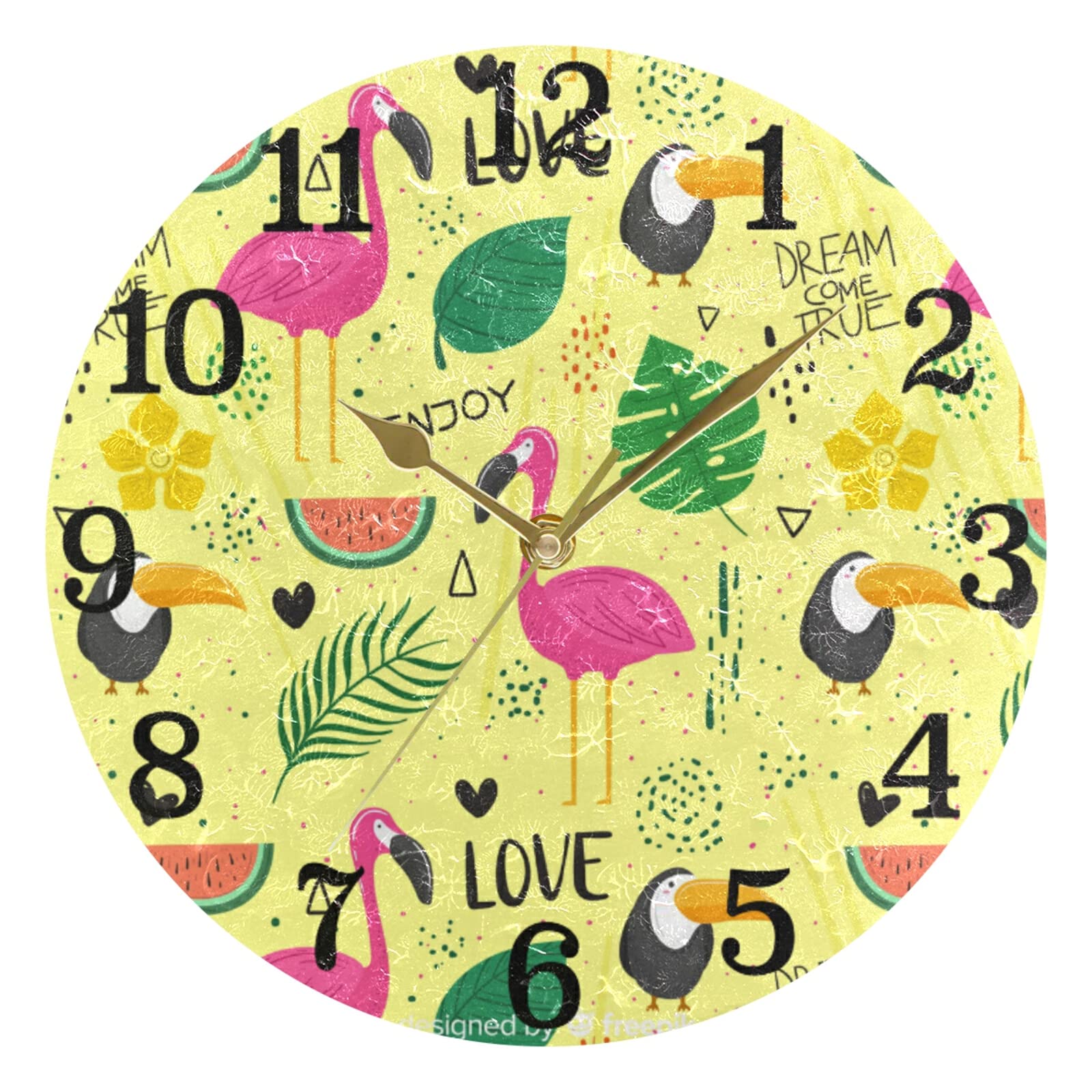 10 Inch Flamingo Watermelon Palm Tree Leaves Round Gold Wall Clock - Silent Non-Ticking Quartz Battery Operated - Perfect for Girls Room, Bedroom, Gym & Home Decor