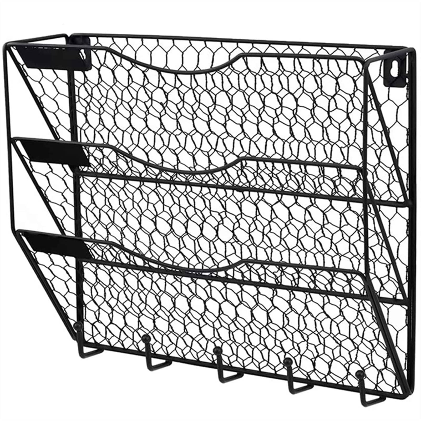 TOMYEUS 3-Layer Wall Mounted File Organizer - Metal Chicken Wire Magazine Rack with Hooks for Mail, Documents & Folders - Black Office File Holder for Home & Office Organization